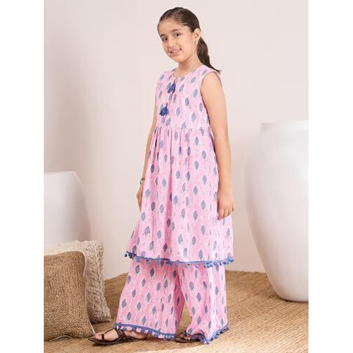 Pspeaches Girl's Cotton Regular 1 Kurta, 1 Pant (Ks-Pinkblueleaf-12-14Y_Pink