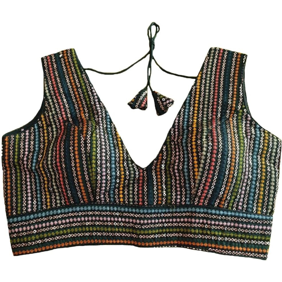 Pujia Mills Women's Sleeveless Sabyasachi Pattern V Neck Embroidery Work With Sequence Indian Ethnic Wear Readymade Saree Blouse For Lehenga Choli (Dark Green, 32)