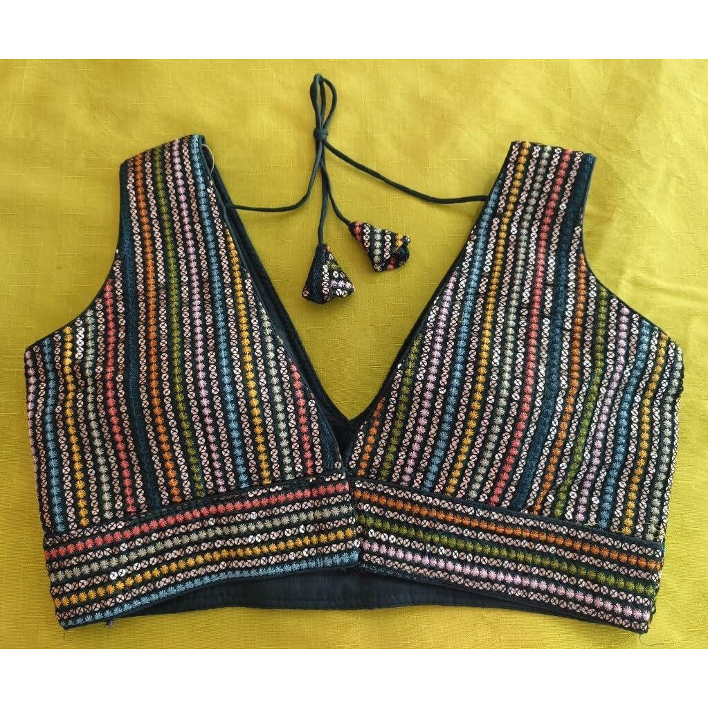 Pujia Mills Women's Sleeveless Sabyasachi Pattern V Neck Embroidery Work With Sequence Indian Ethnic Wear Readymade Saree Blouse For Lehenga Choli (Dark Green, 32)