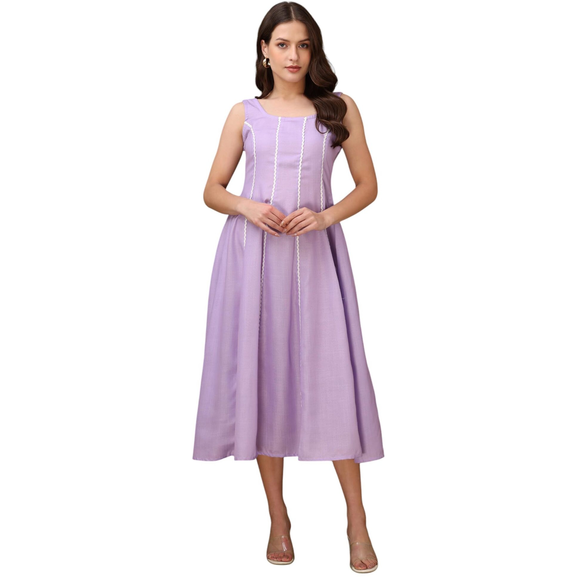 Purvaja Womens Round Neck Flared Cotton Blend Dress (Floe-044-S_Purple)