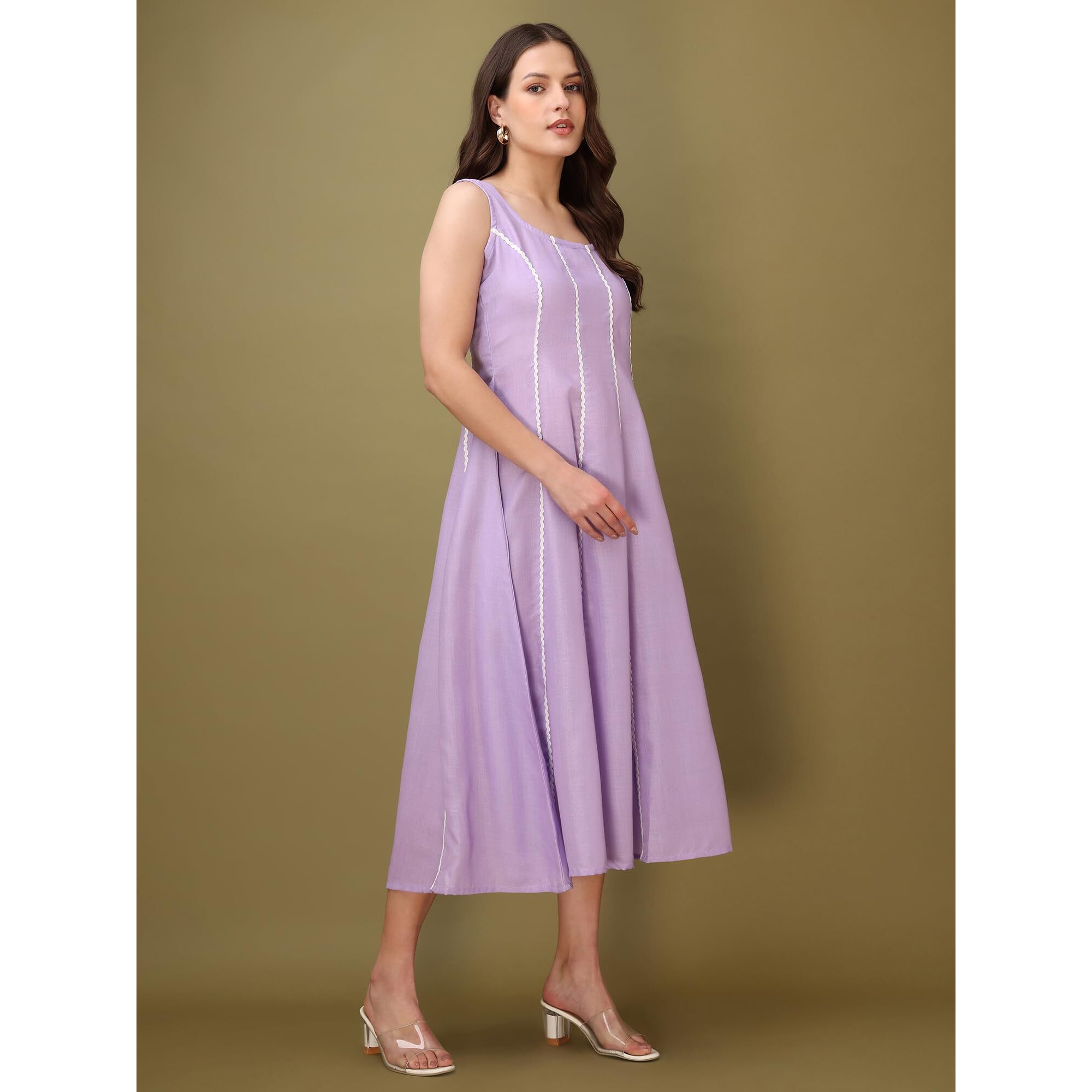 Purvaja Womens Round Neck Flared Cotton Blend Dress (Floe-044-S_Purple)