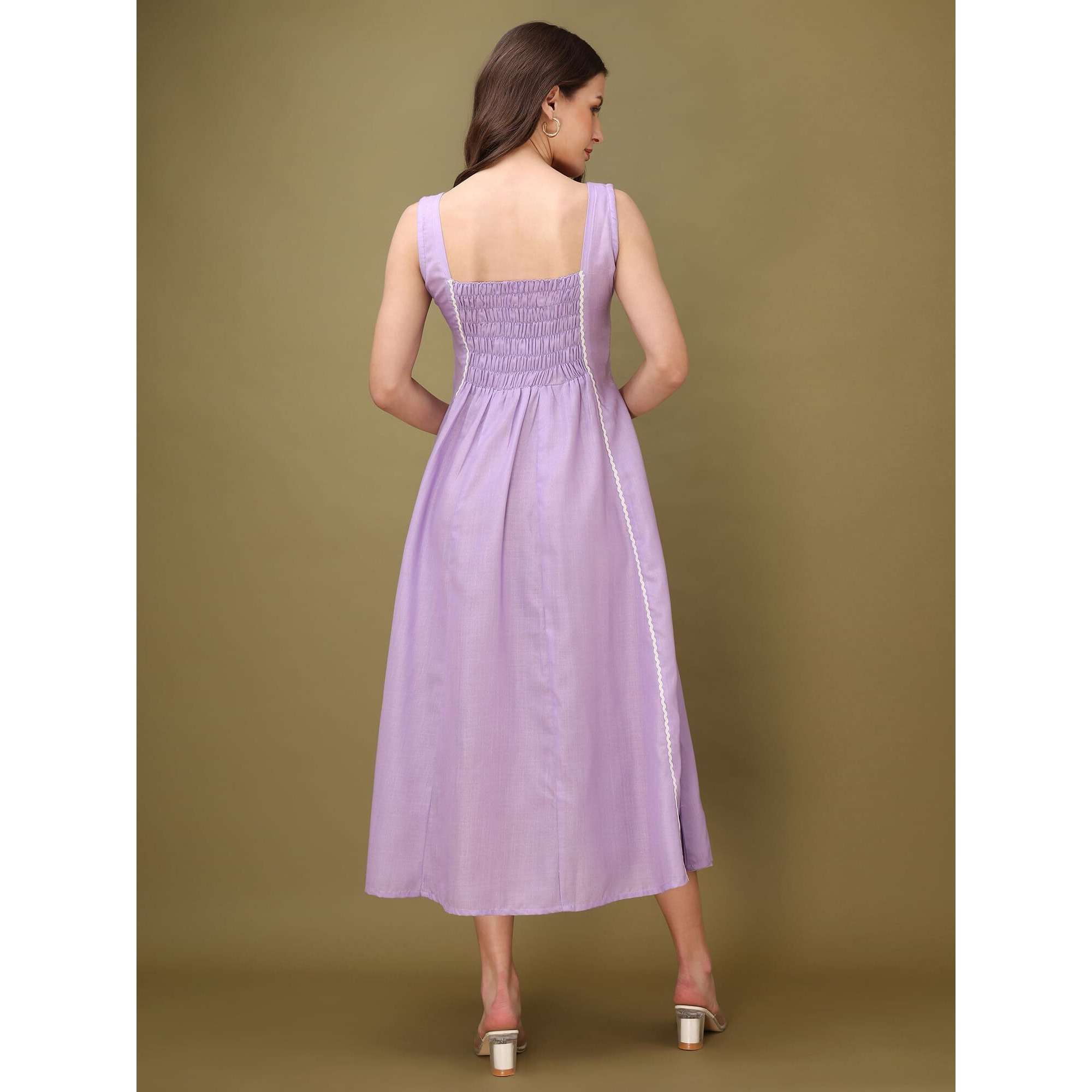 Purvaja Womens Round Neck Flared Cotton Blend Dress (Floe-044-S_Purple)