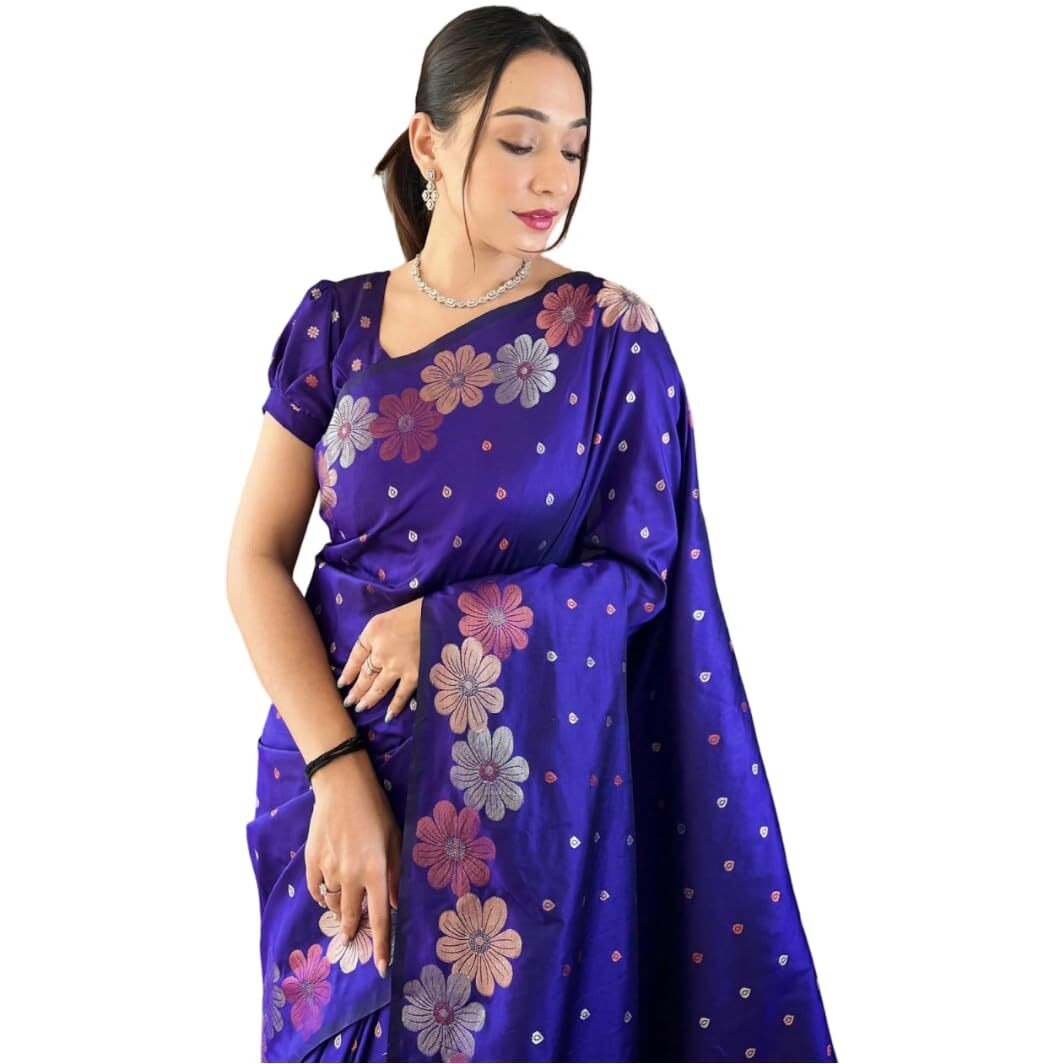 Flosive Women's Woven Kanjivaram Wedding Saree With Blouse And Zari Border (Blue)