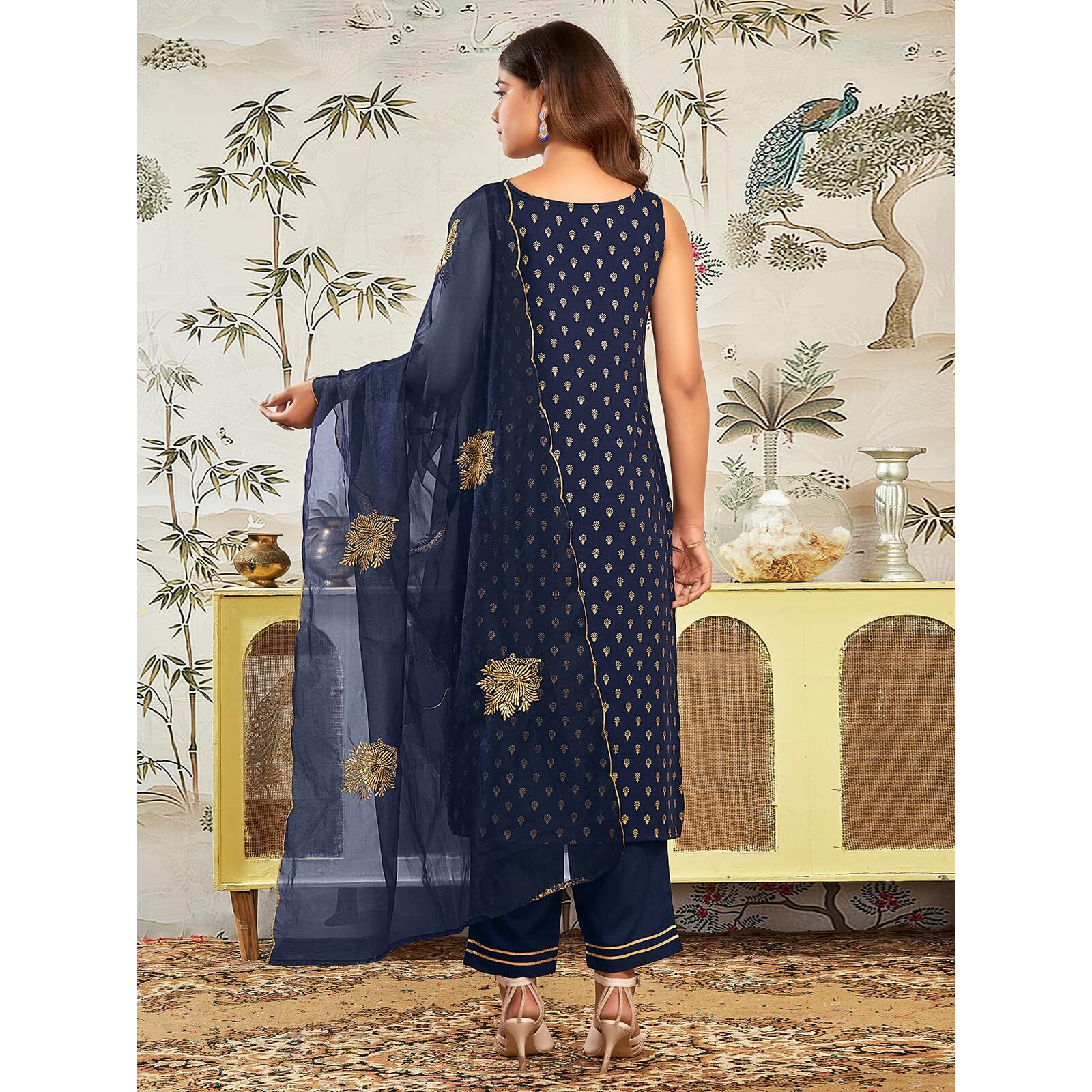 Sanisa Women's Cotton Blend Foil Printed Sequence And Embroidery Work Straight Kurta With Pant And Dupatta Set (190Kbd2021N-L_Navy Blue & Golden)