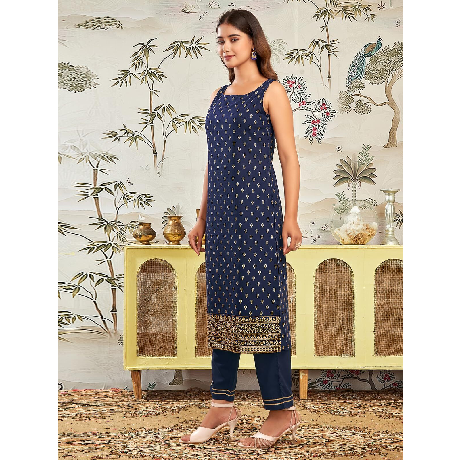 Sanisa Women's Cotton Blend Foil Printed Sequence And Embroidery Work Straight Kurta With Pant And Dupatta Set (190Kbd2021N-L_Navy Blue & Golden)