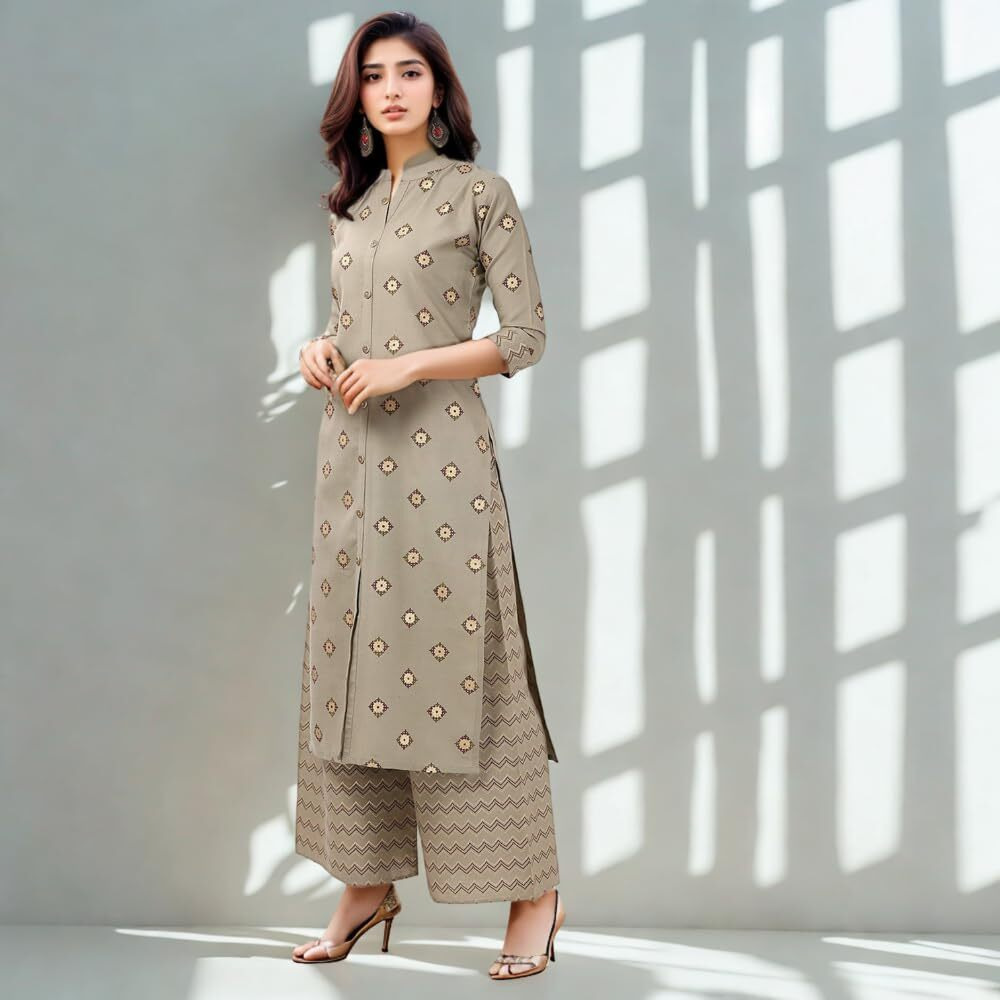 Shienzy Women's Cotton Blend Regular Kurta Pant Set (1654_Bg_L_Beige