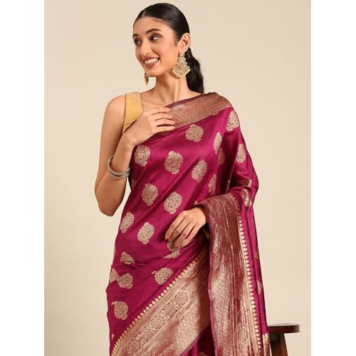 Shiv Textiles Women's Banarasi Silk Saree With Unstitched Blouse (Wine)