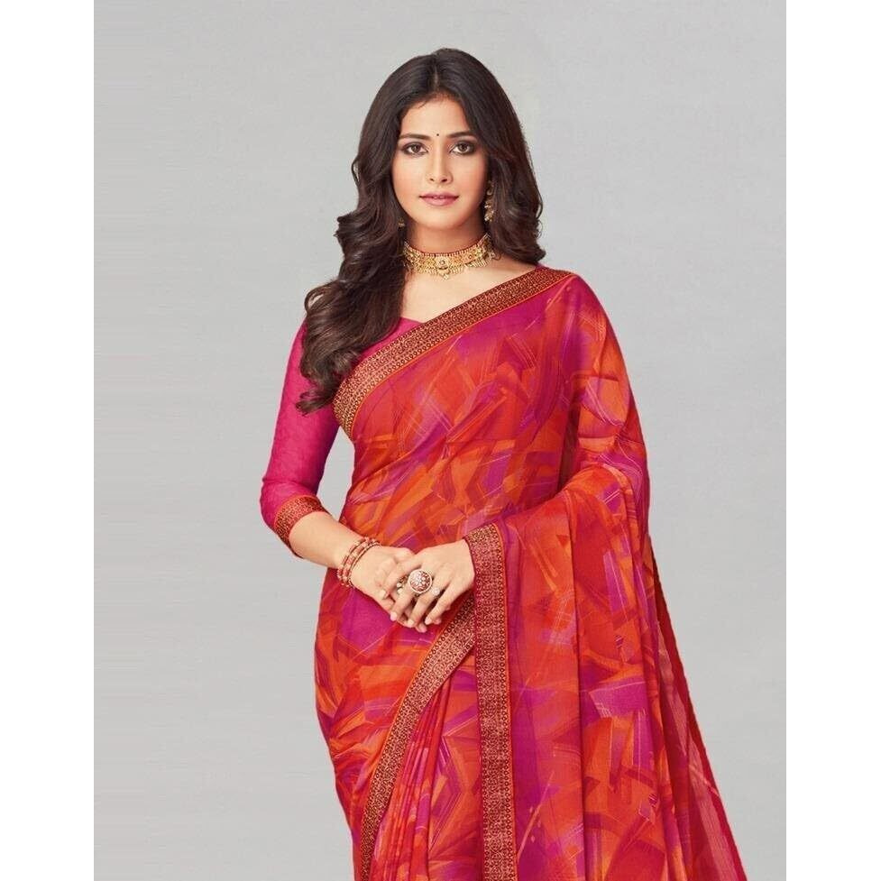 Shiv Textiles Women's Chiffon Digital Printed & Lace Saree(Sat-542S-105)