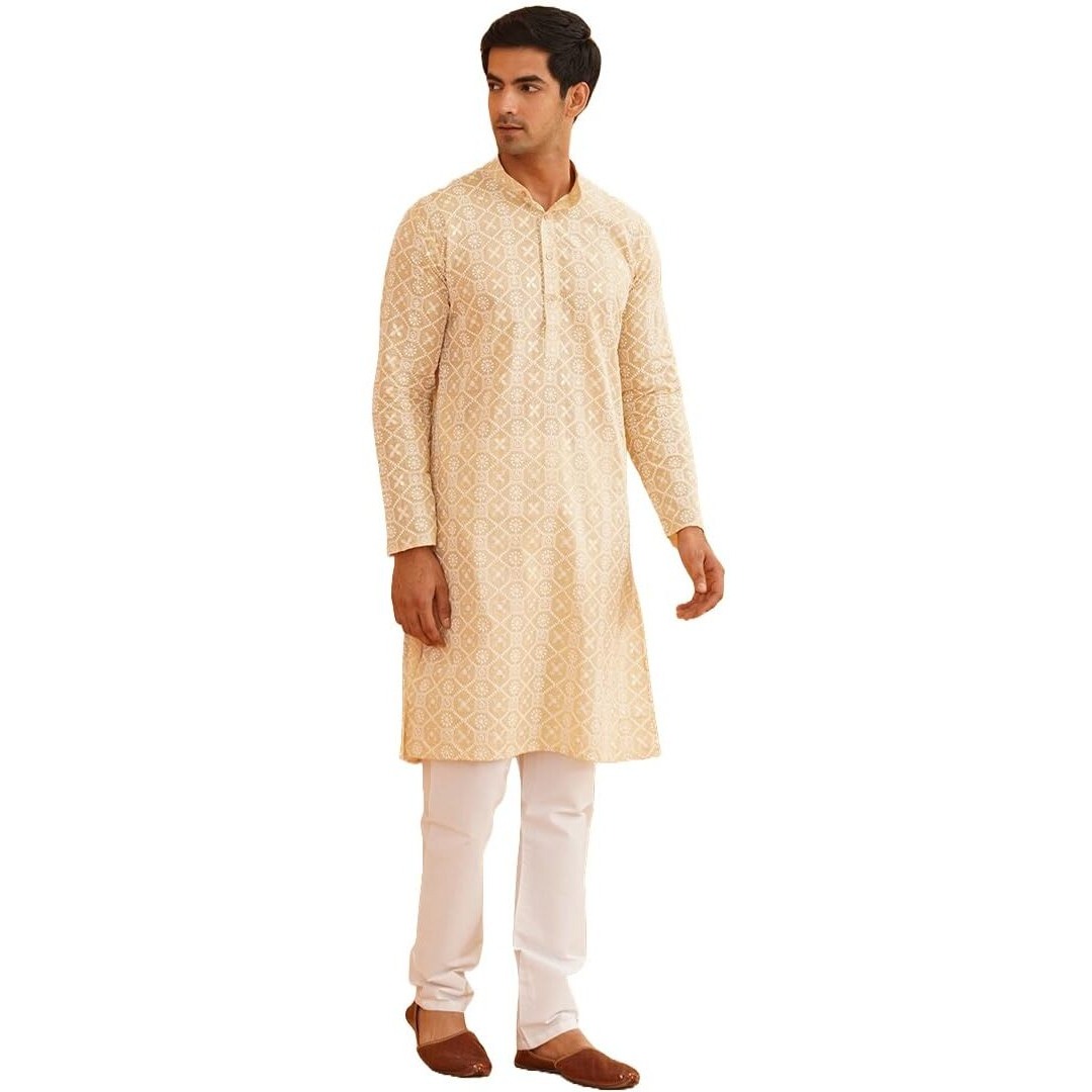 Sojanya (Since 1958 Men's Cotton Gold Sequence Embroidered Beige Kurta With White Churidaar Pyjama