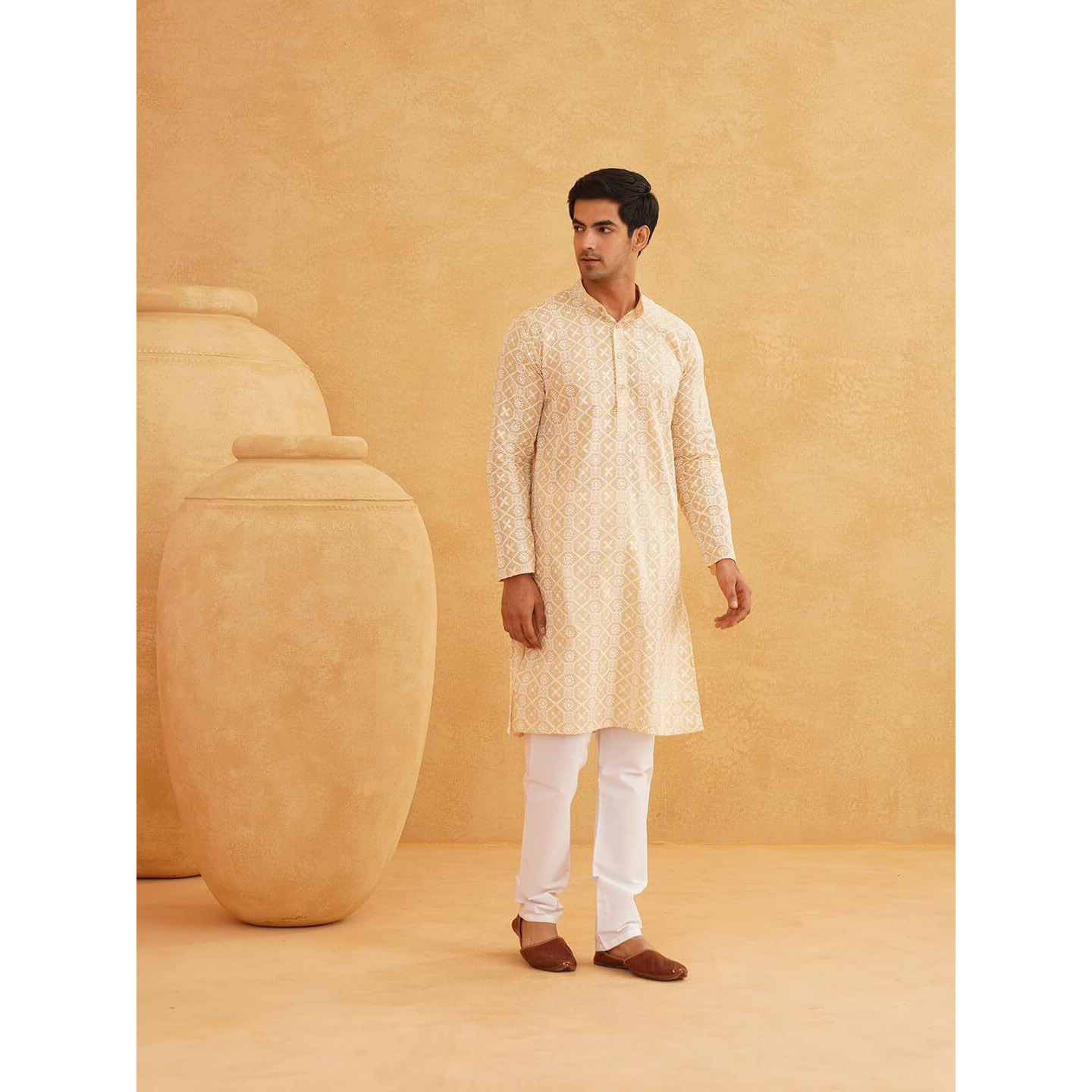 Sojanya (Since 1958 Men's Cotton Gold Sequence Embroidered Beige Kurta With White Churidaar Pyjama