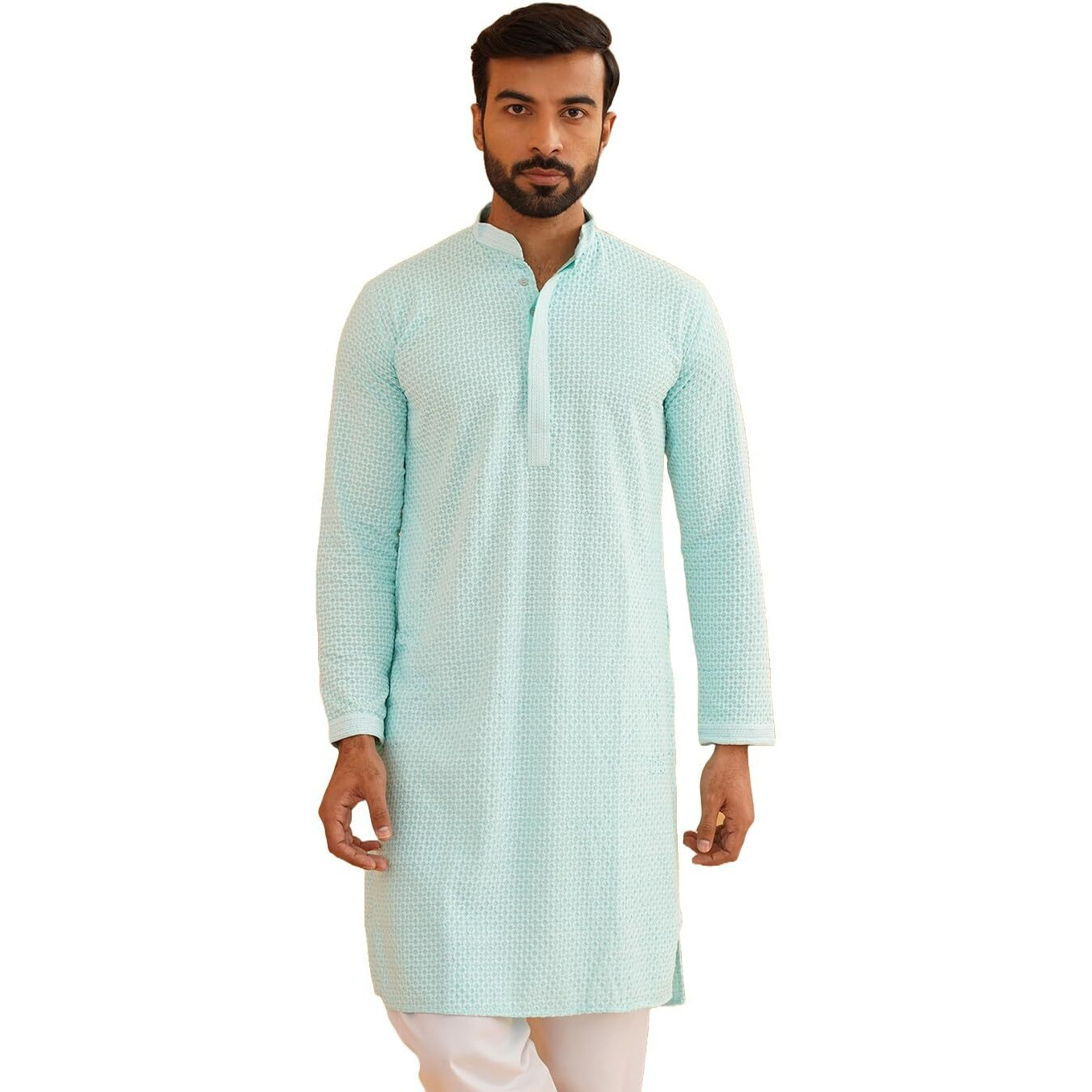 Sojanya (Since 1958 Men's Geometric Embroidered Thread Work Cotton Straight Sky Blue Long Kurta