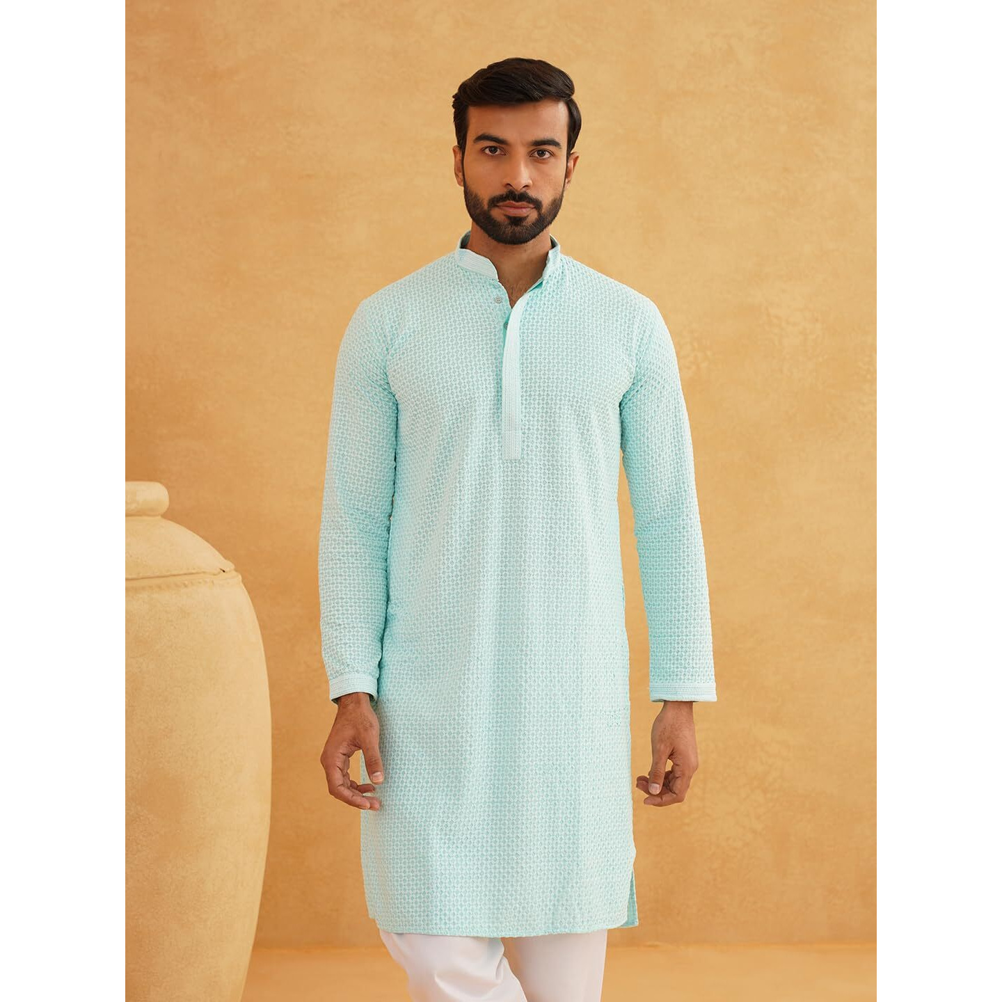 Sojanya (Since 1958 Men's Geometric Embroidered Thread Work Cotton Straight Sky Blue Long Kurta