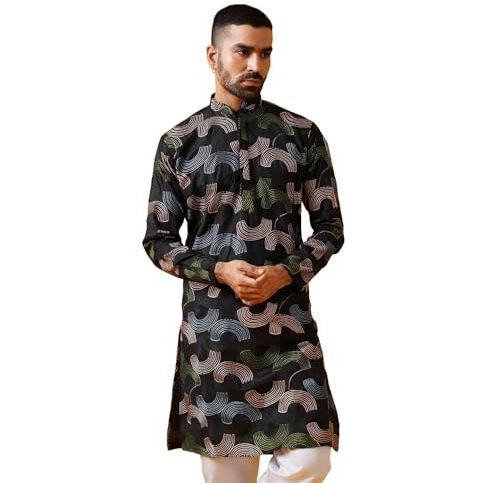 Sojanya (Since 1958 Men's Cotton Silk Multi Thread Embroidered Black Long Kurta