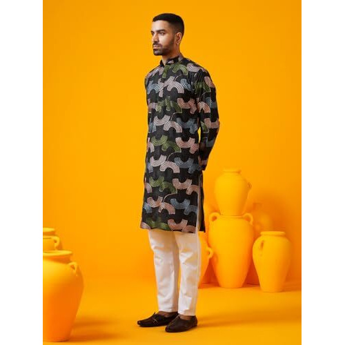 Sojanya (Since 1958 Men's Cotton Silk Multi Thread Embroidered Black Long Kurta