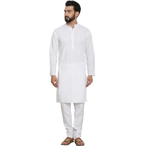 Sojanya (Since 1958 Men's Cotton Thread Embroidered White Kurta With White Churidaar Pyjama
