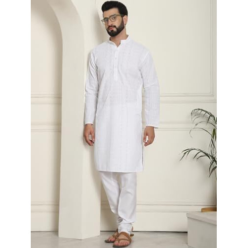 Sojanya (Since 1958 Men's Cotton Thread Embroidered White Kurta With White Churidaar Pyjama