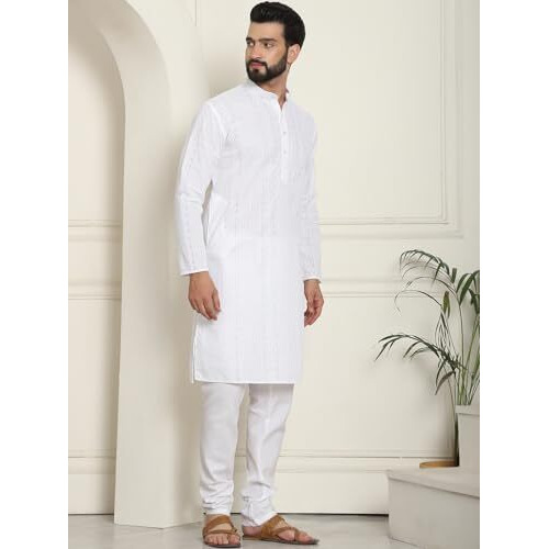Sojanya (Since 1958 Men's Cotton Thread Embroidered White Kurta With White Churidaar Pyjama