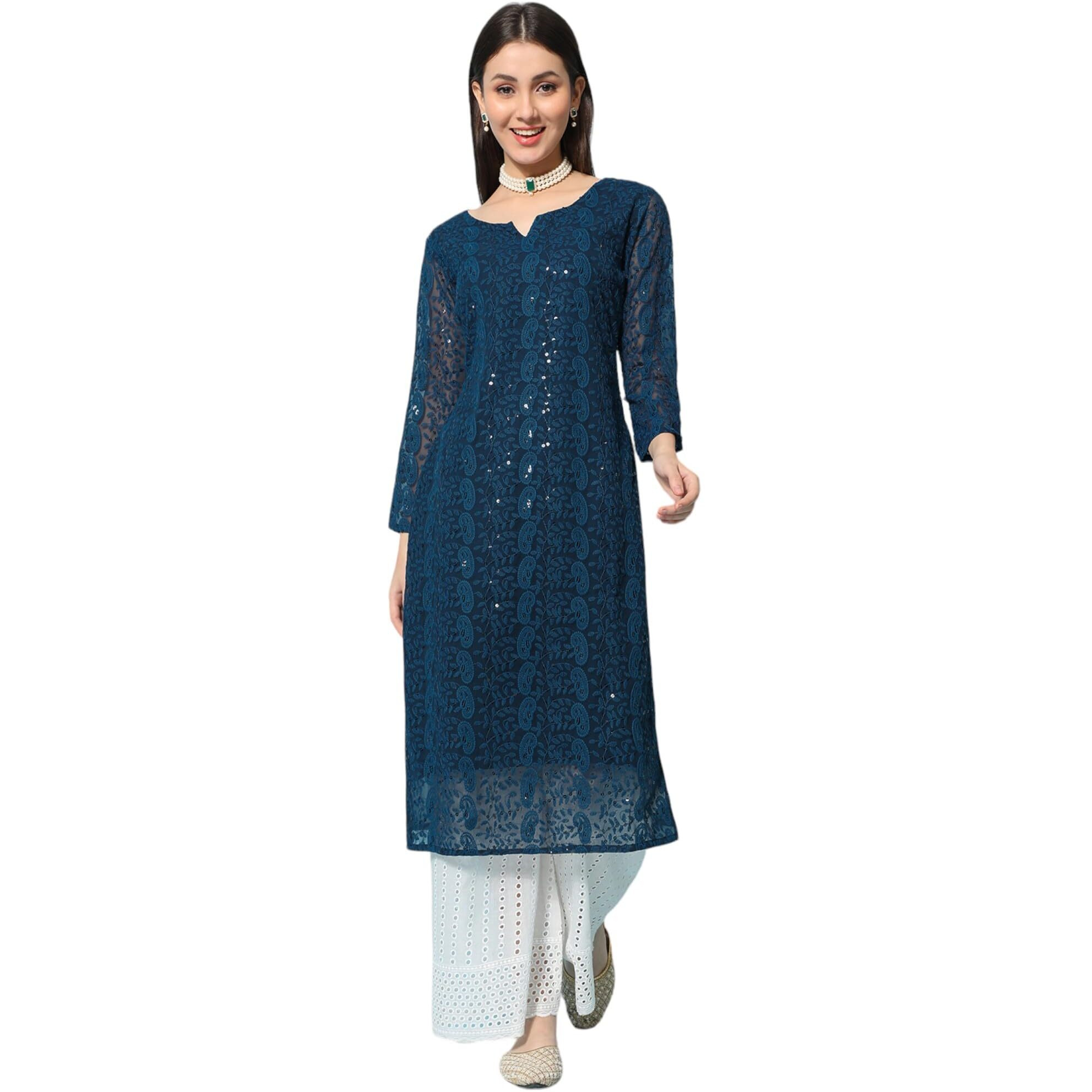 Gufrina Women's 3/4 Sleeve Lakhnavi Embroidery Work Kurta With Chikankari Palazzo Set - Elegant Ethnic Wear (Teal Xl)