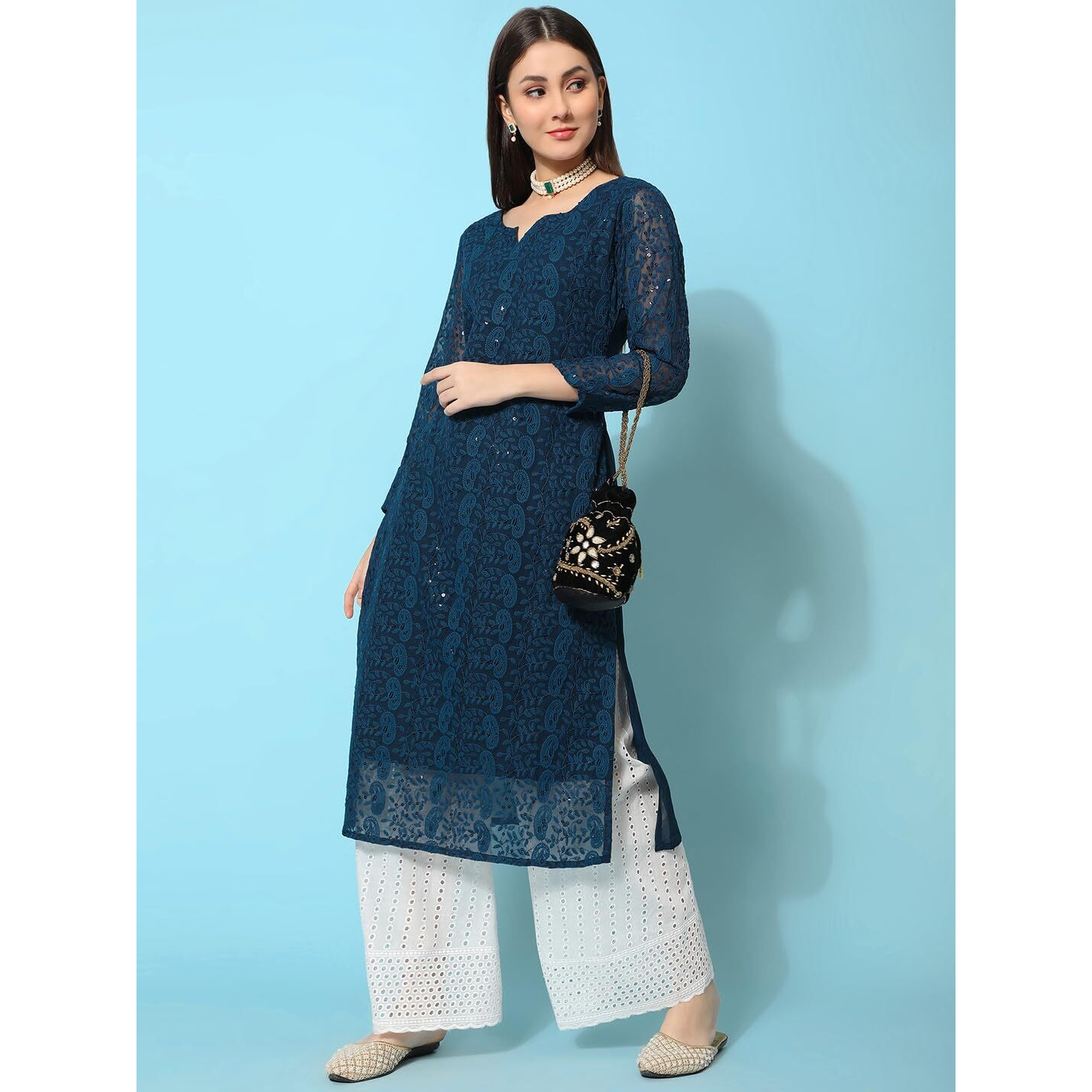 Gufrina Women's 3/4 Sleeve Lakhnavi Embroidery Work Kurta With Chikankari Palazzo Set - Elegant Ethnic Wear (Teal Xl)