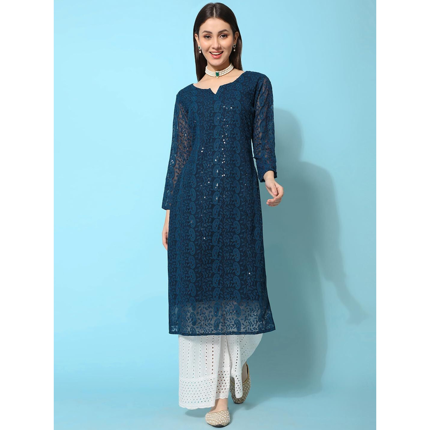 Gufrina Women's 3/4 Sleeve Lakhnavi Embroidery Work Kurta With Chikankari Palazzo Set - Elegant Ethnic Wear (Teal Xl)