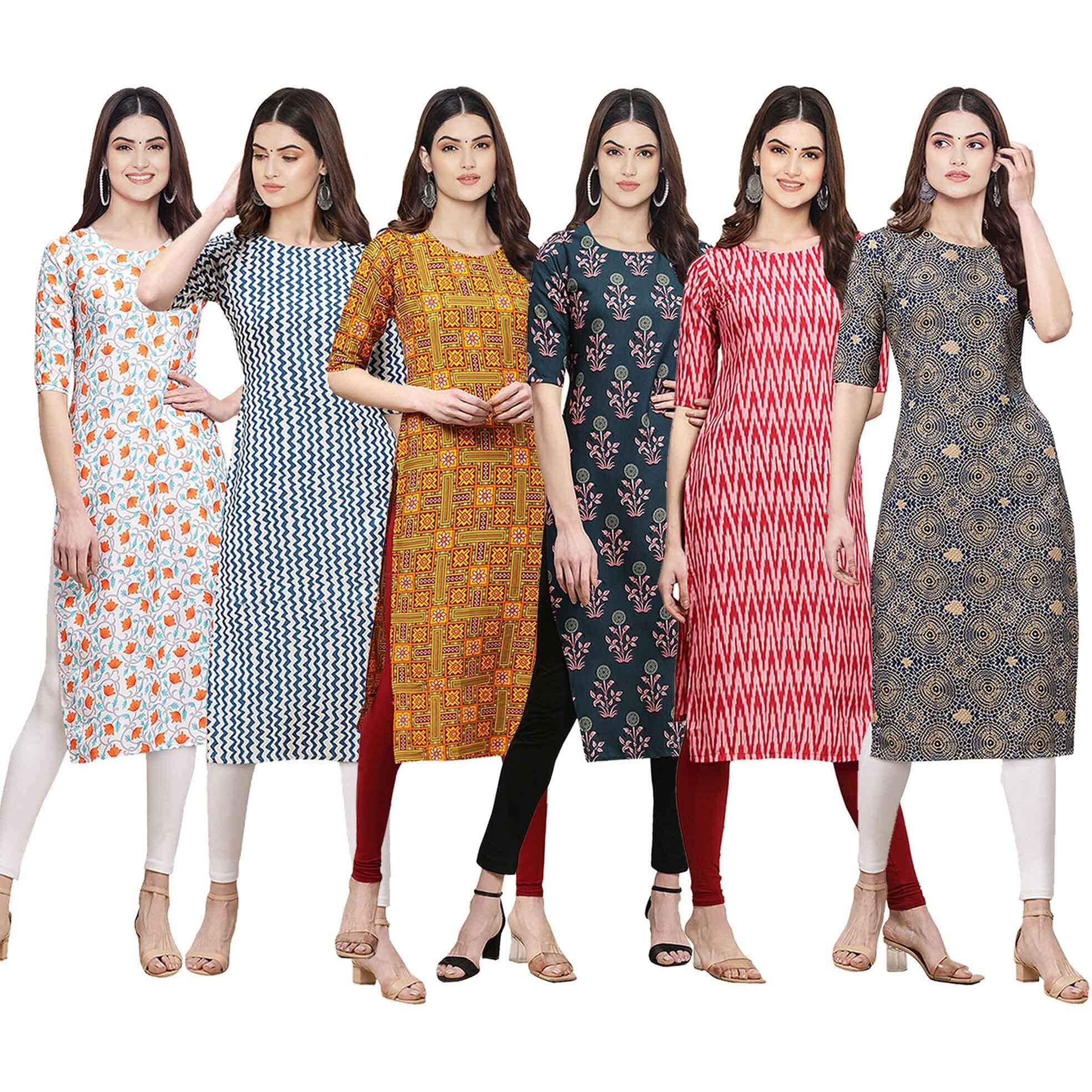 Pinkmint Women's Crepe Digital Print Straight Kurta [Pack Of 6] (Cke-334-331-333-335-328-341-L)
