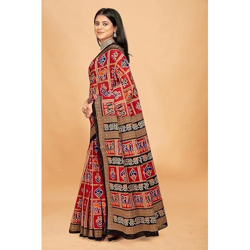 Tamaira Fashion Women's Patola Printed Pure Cotton Mulmul Saree Without Blouse Piece(11389_Maroon)