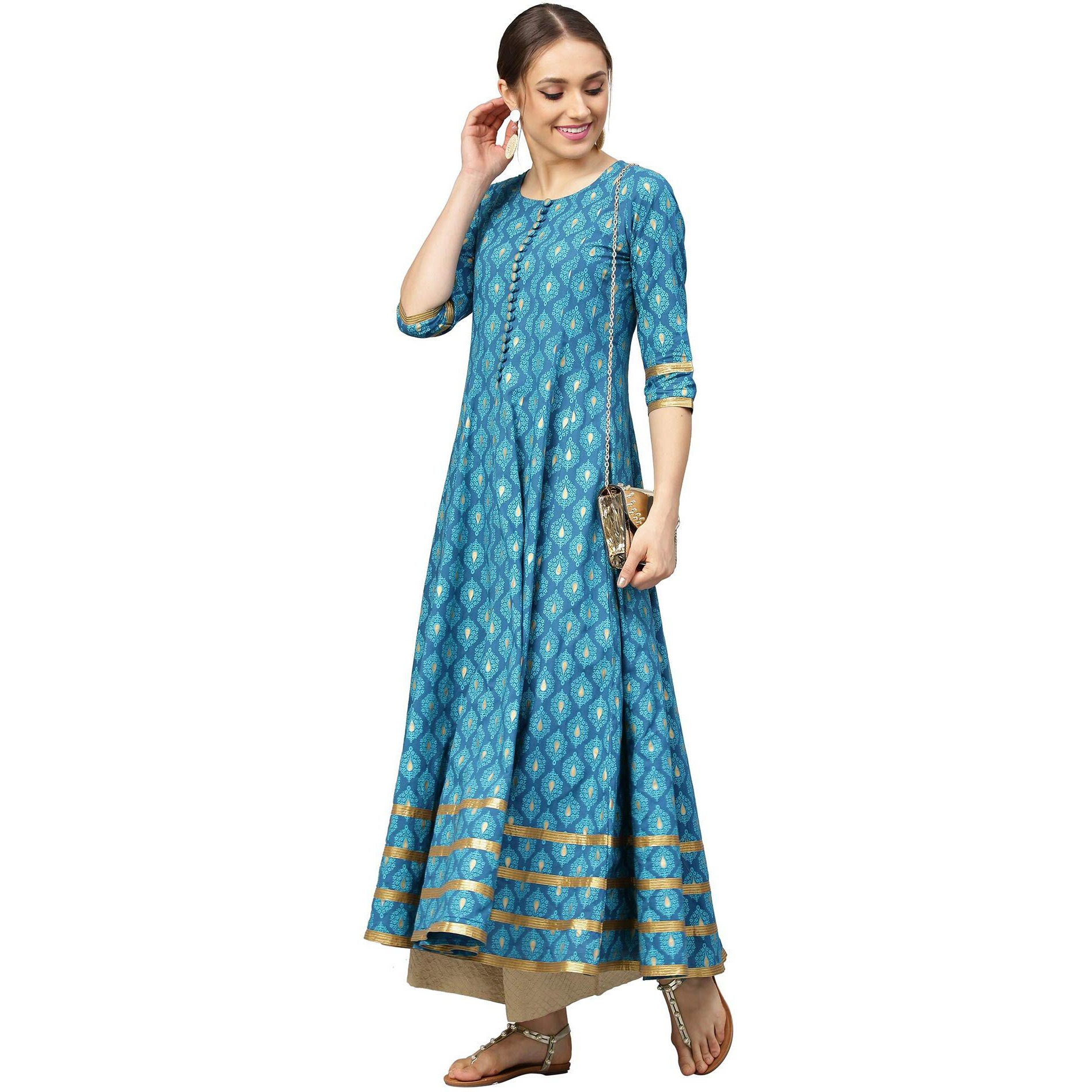 Idalia Turquoise Gold Printed Cotton Anarkali Kurta - Elegant Women's Anarkali Kurtas With 3/4 Sleeve, Round Neck, Ankle Length - Anarkali Kurta Set