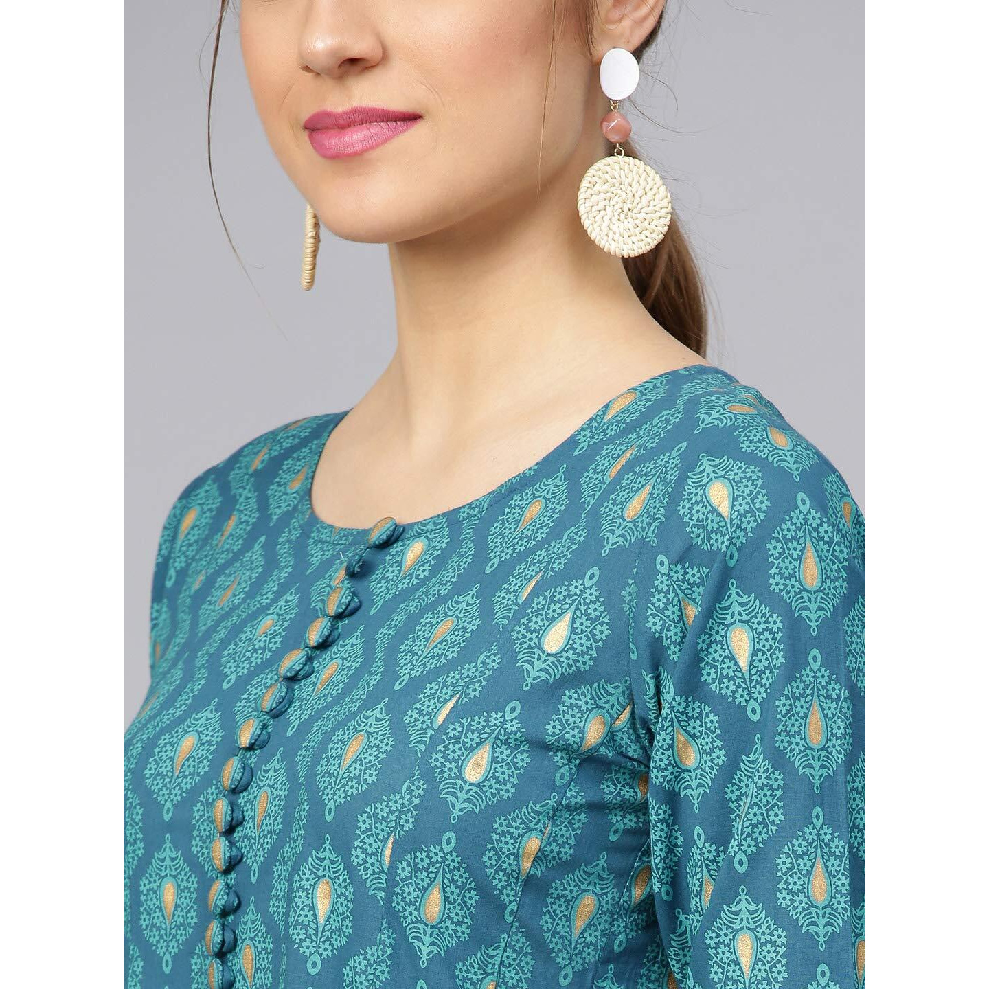 Idalia Turquoise Gold Printed Cotton Anarkali Kurta - Elegant Women's Anarkali Kurtas With 3/4 Sleeve, Round Neck, Ankle Length - Anarkali Kurta Set