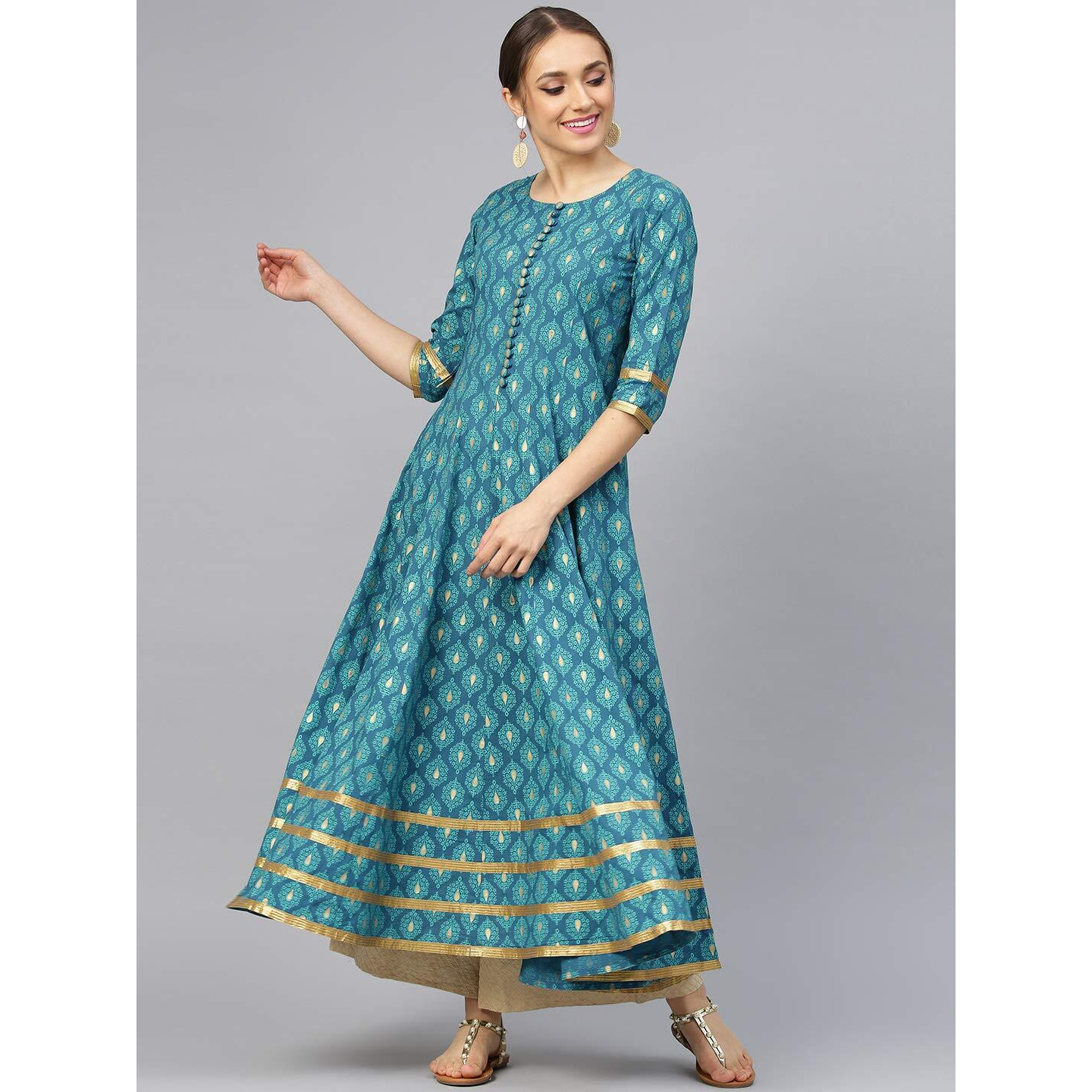 Idalia Turquoise Gold Printed Cotton Anarkali Kurta - Elegant Women's Anarkali Kurtas With 3/4 Sleeve, Round Neck, Ankle Length - Anarkali Kurta Set