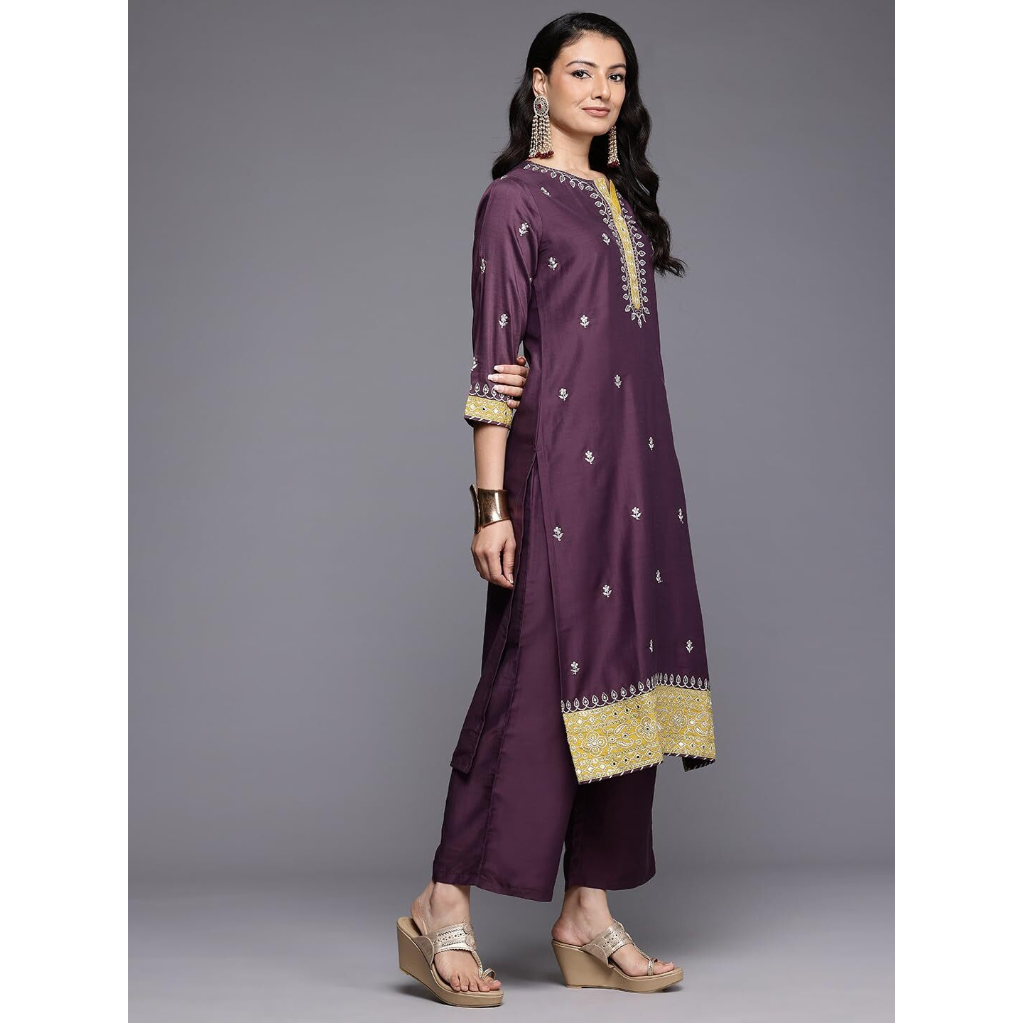 Varanga Women Purple Zari Embroidered Contrast Yoke Kurta With Bottom And Contrast Dupatta
