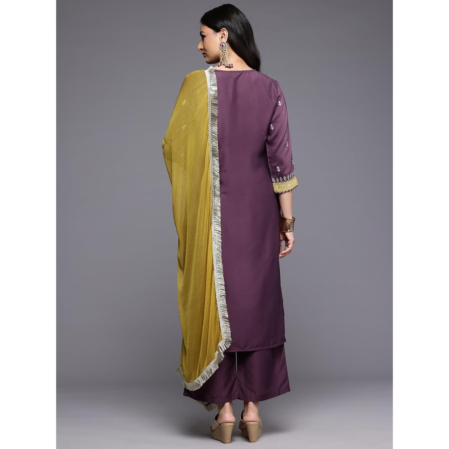 Varanga Women Purple Zari Embroidered Contrast Yoke Kurta With Bottom And Contrast Dupatta