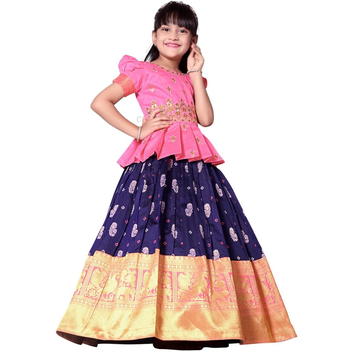 White Button New Latest Girl's Pattu Pavadai Readymade Lehenga Choli For Girls Dress