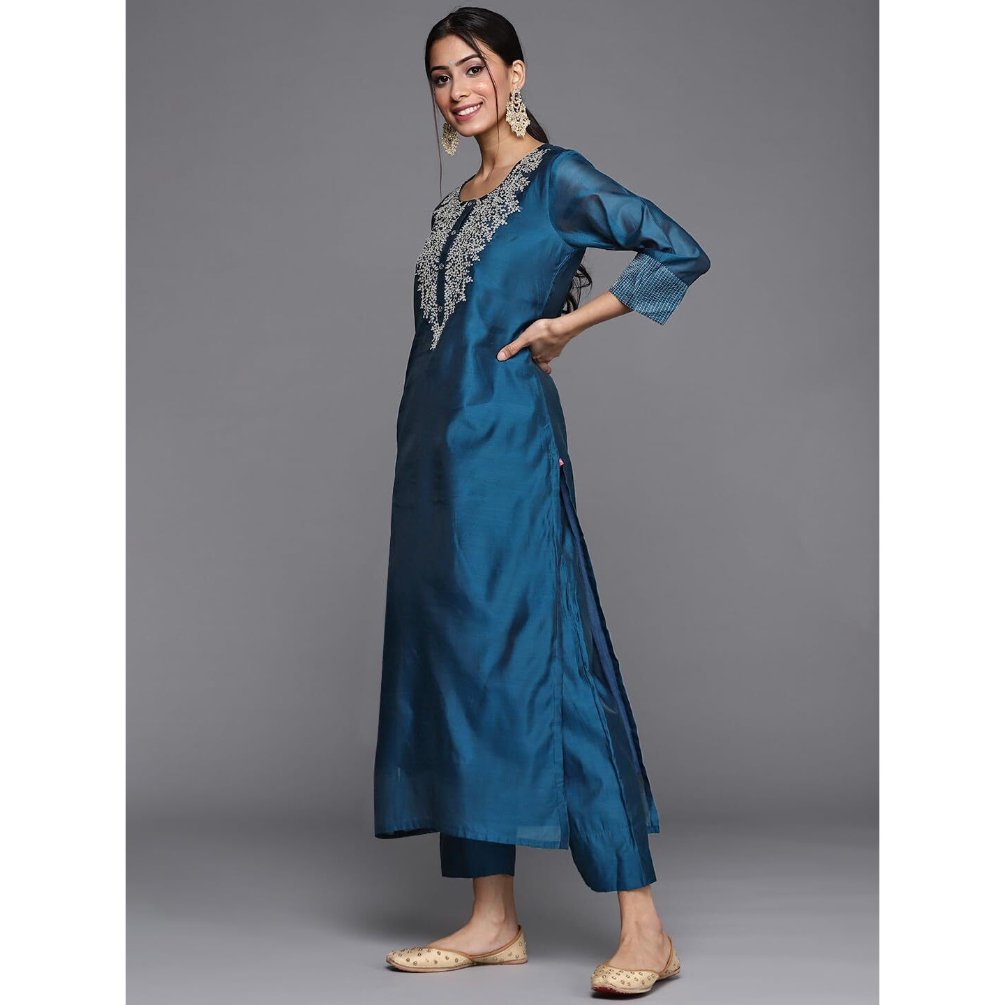 Varanga Teal Zari Embroidery Kurta Trouser Set With Red Kalamkari Silk Dupatta
