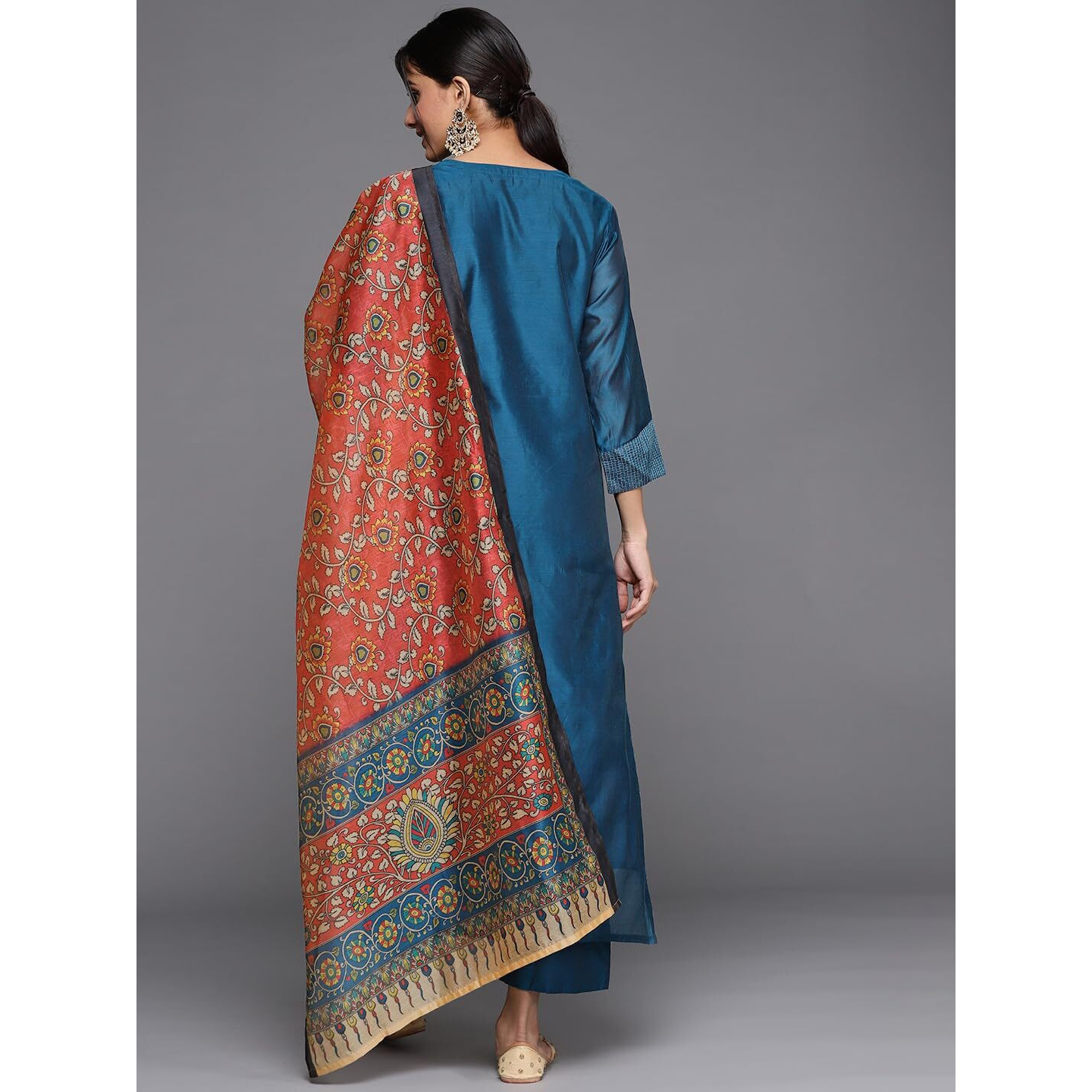 Varanga Teal Zari Embroidery Kurta Trouser Set With Red Kalamkari Silk Dupatta