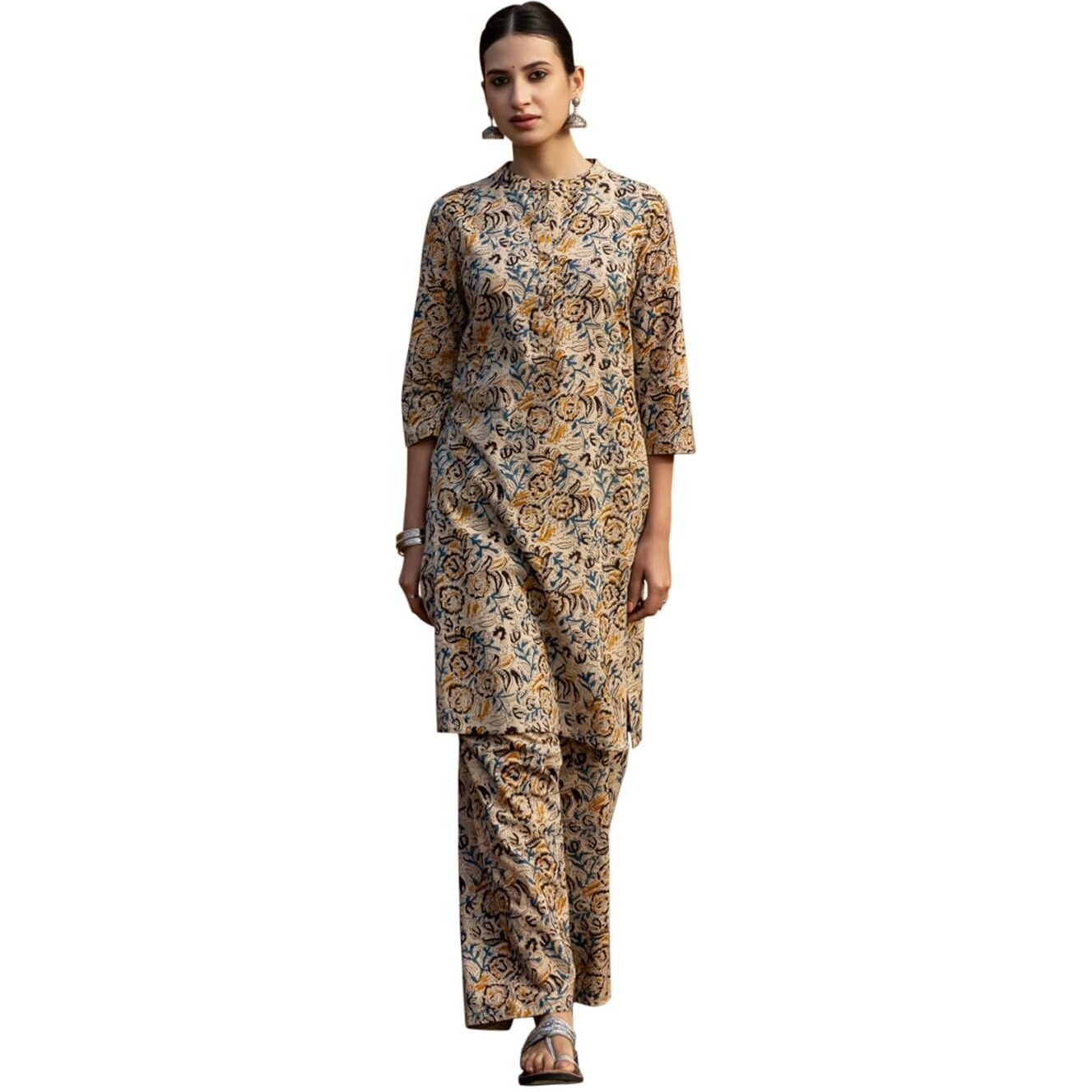 Fiorra Women's Beige Floral Print Cotton Straight Kurta Set Set0189