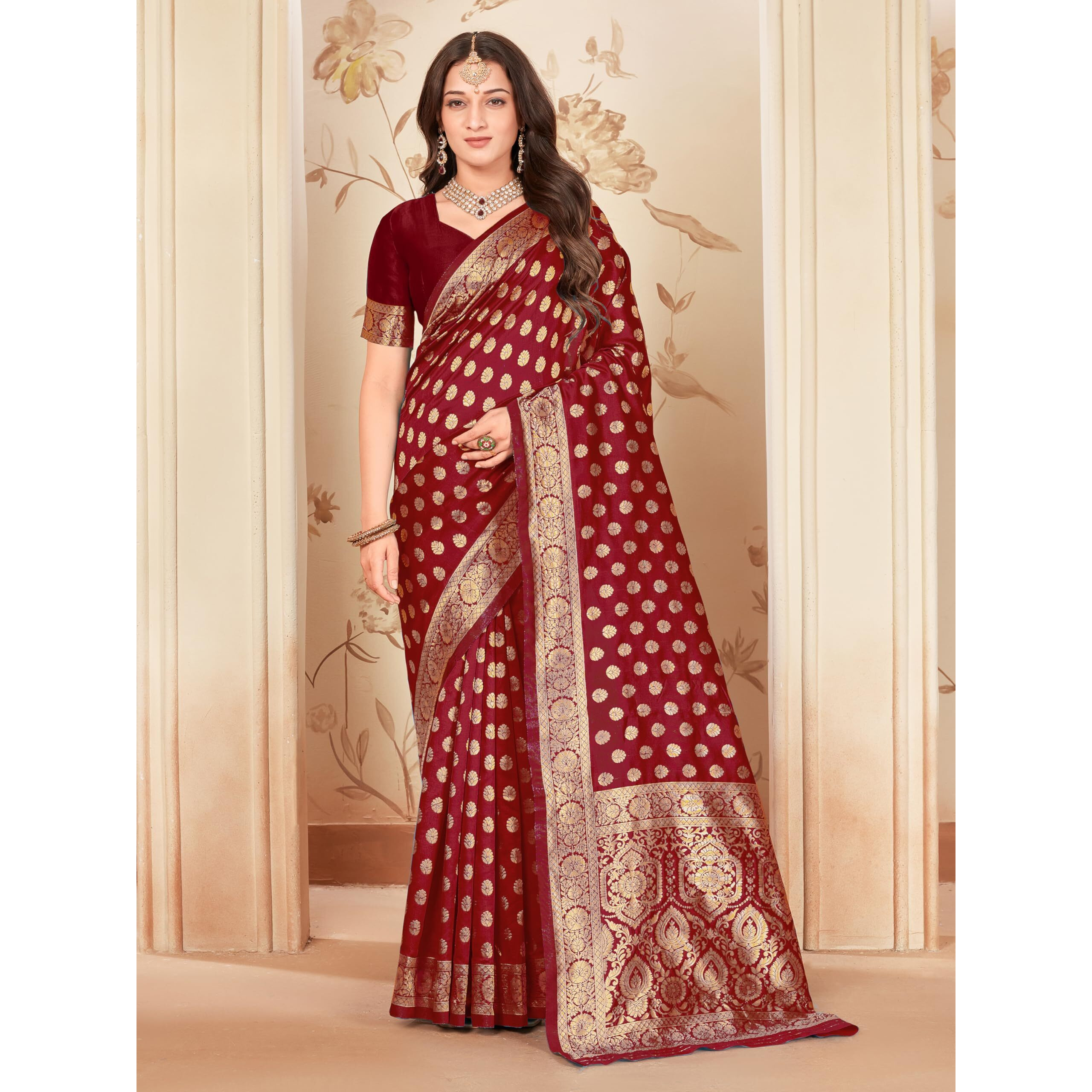 Glory Sarees Womens Banarasi Silk Saree With Blouse Piece (Kalamkarisaree_Maroon)