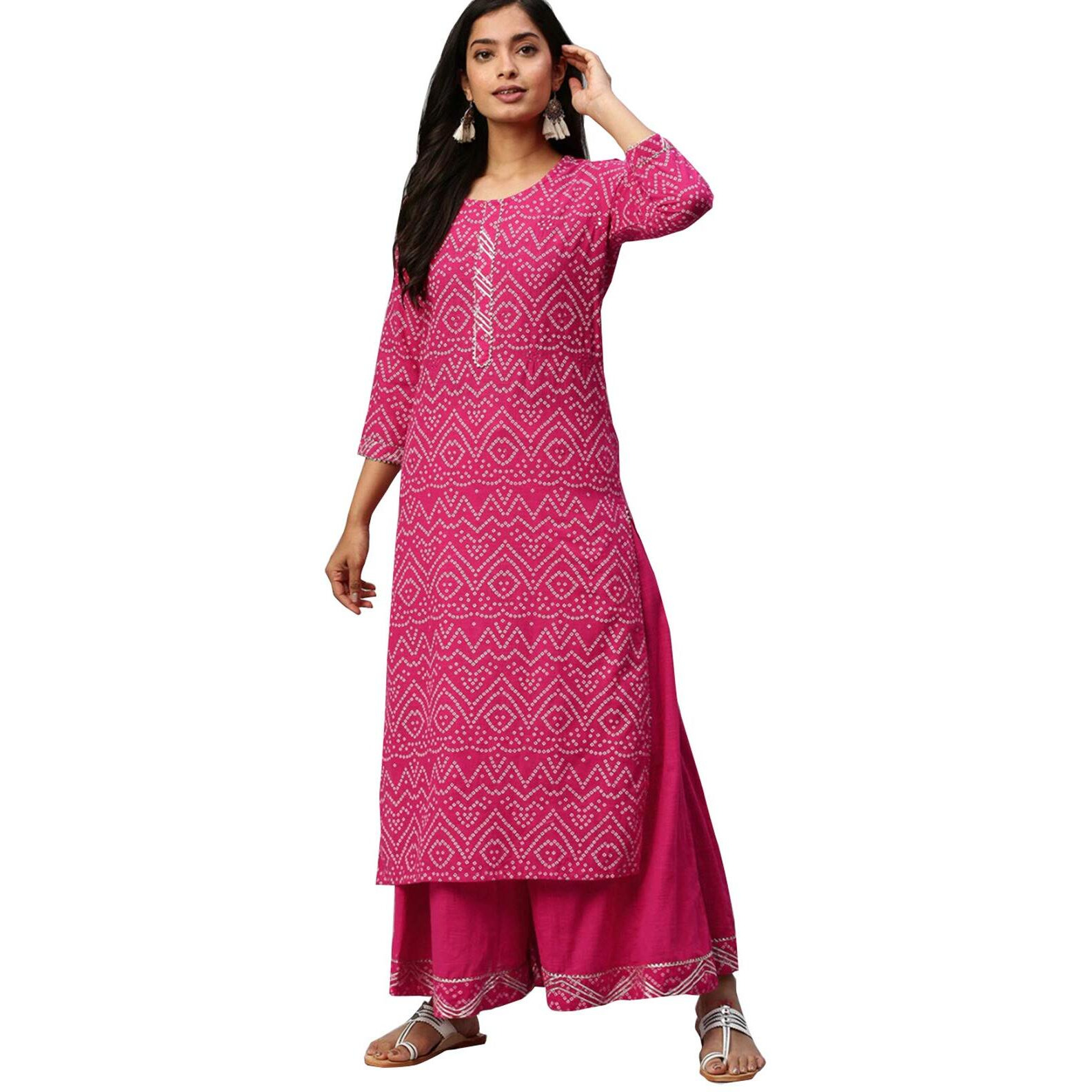 Ishin Women's Pure Cotton Printed A-Line Kurta Suit Set With Palazzo Kurplpramff-846_S_Pink