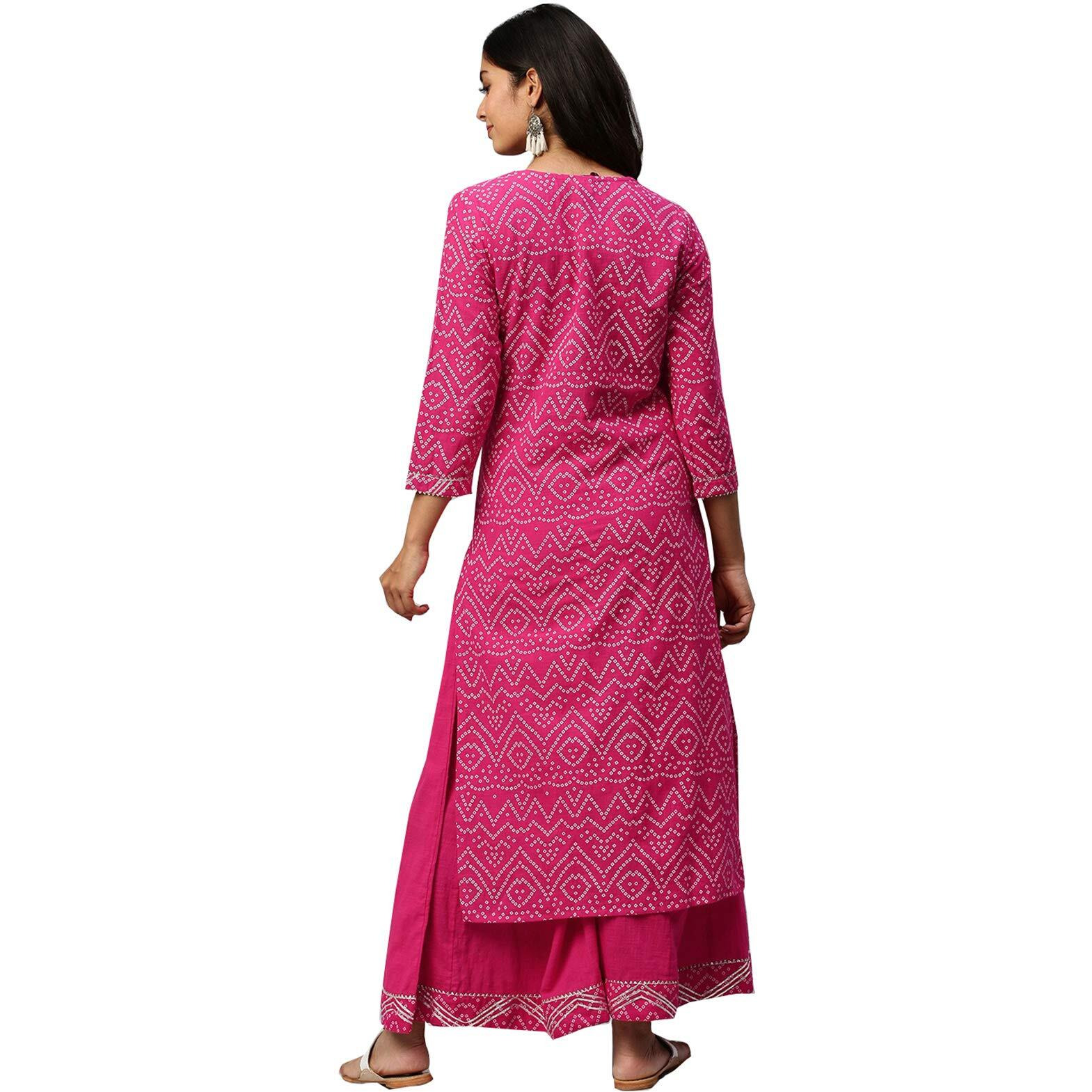 Ishin Women's Pure Cotton Printed A-Line Kurta Suit Set With Palazzo Kurplpramff-846_S_Pink