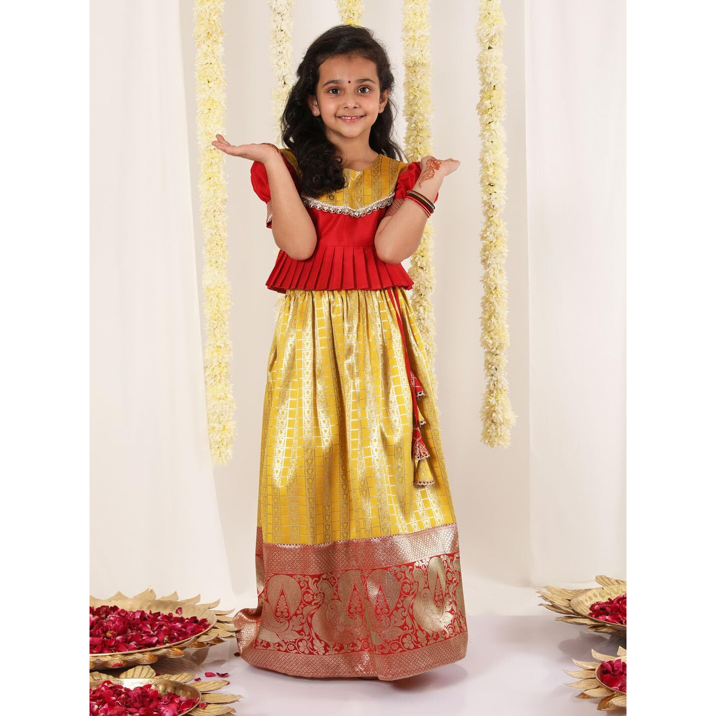 Jbn Creation Silk Blend Girls South Indian Style Pavda Pattu Lehenga (Jbnglc051Md_34L_Red And Yellow_12 Years-13 Years)