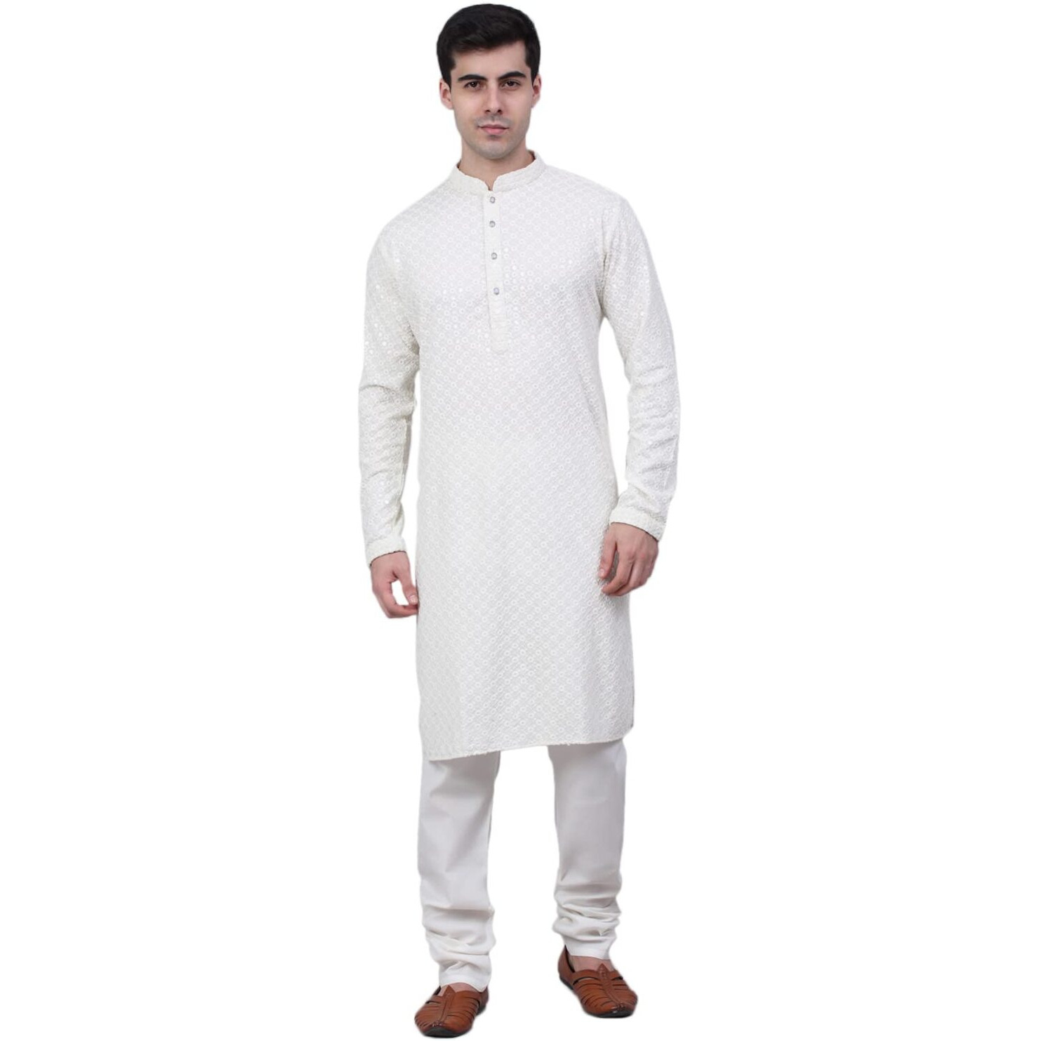 Jompers Men Chikankari Embroidered And Sequence Kurta With Churidar (White, M)