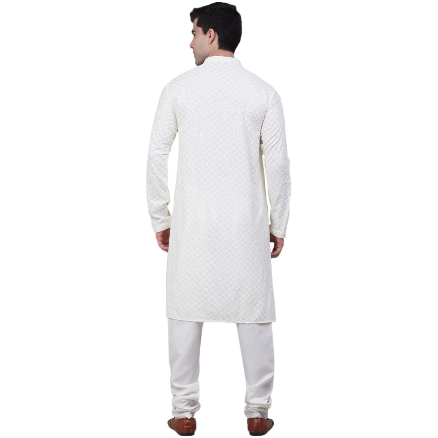 Jompers Men Chikankari Embroidered And Sequence Kurta With Churidar (White, M)