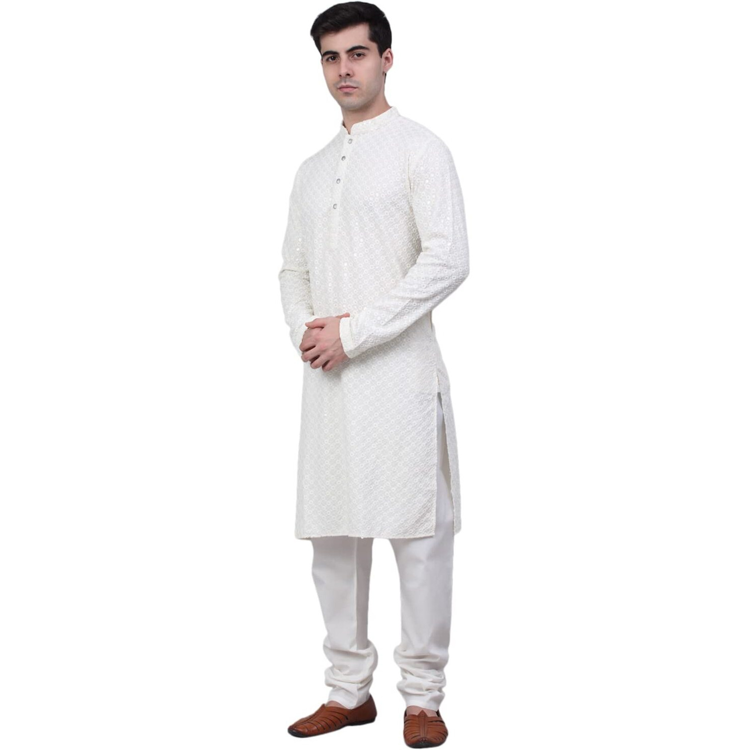 Jompers Men Chikankari Embroidered And Sequence Kurta With Churidar (White, M)