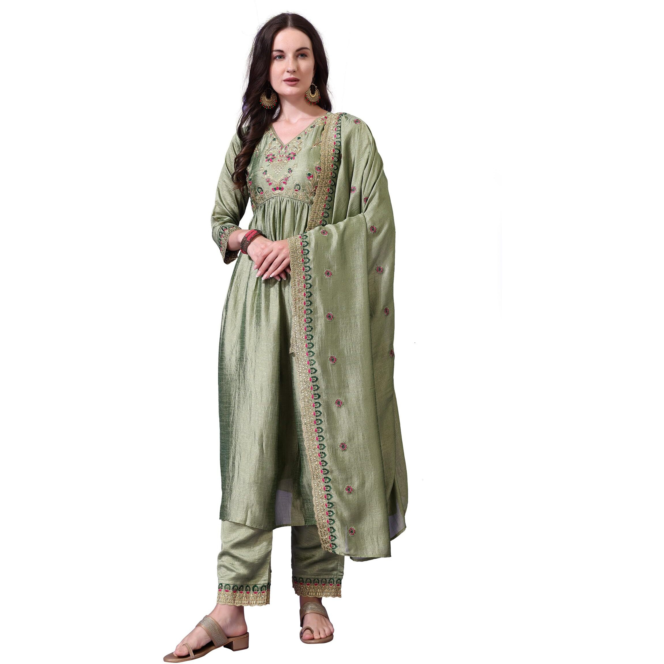 Pratham Blue Women's Silk Embroidered Anarkali Kurta Palazzos With Dupatta |Kurta Set For Women |Women Kurta |Women Embroidered Kurta Sets Kurtis (Bkp-1012-Xl_Green)