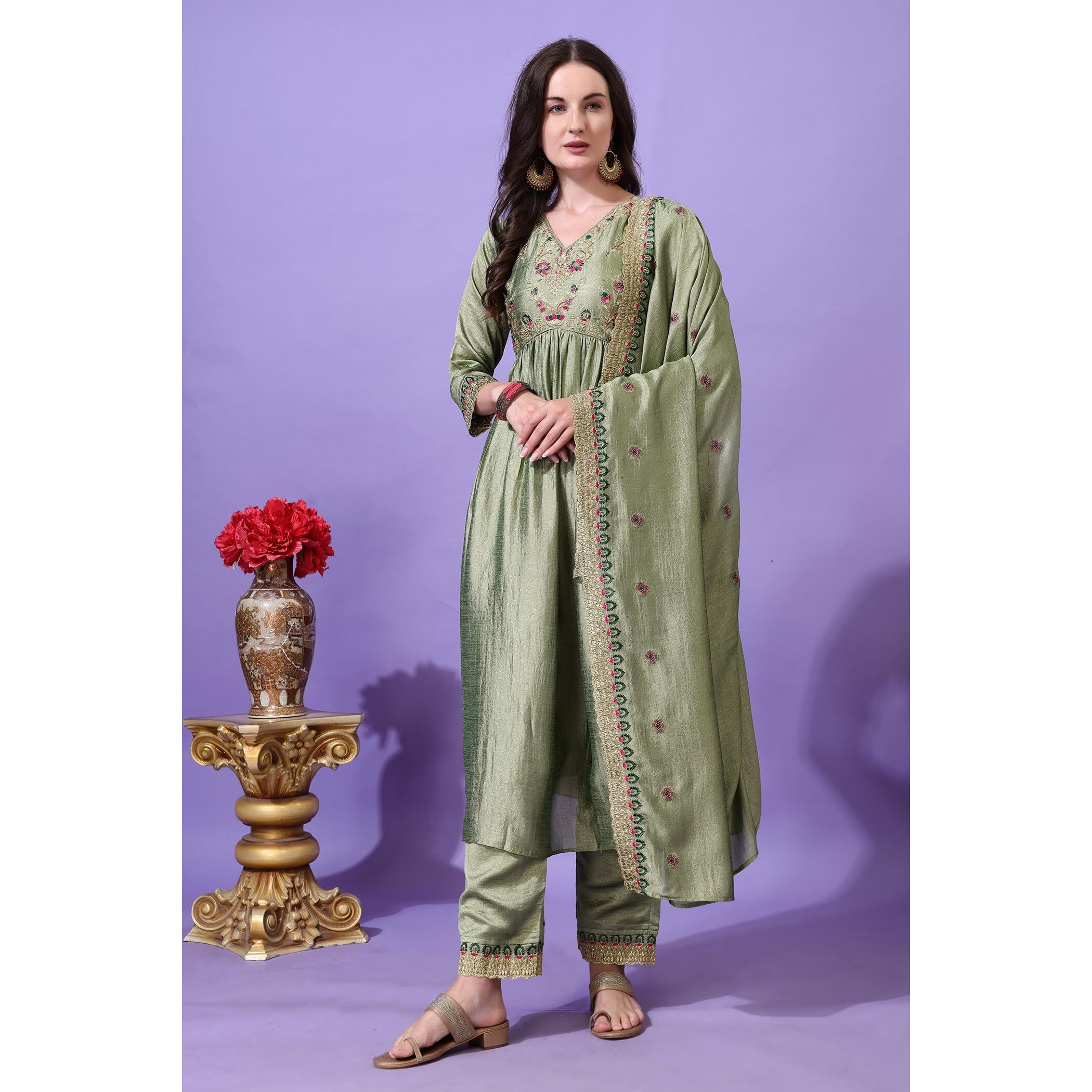 Pratham Blue Women's Silk Embroidered Anarkali Kurta Palazzos With Dupatta |Kurta Set For Women |Women Kurta |Women Embroidered Kurta Sets Kurtis (Bkp-1012-Xl_Green)