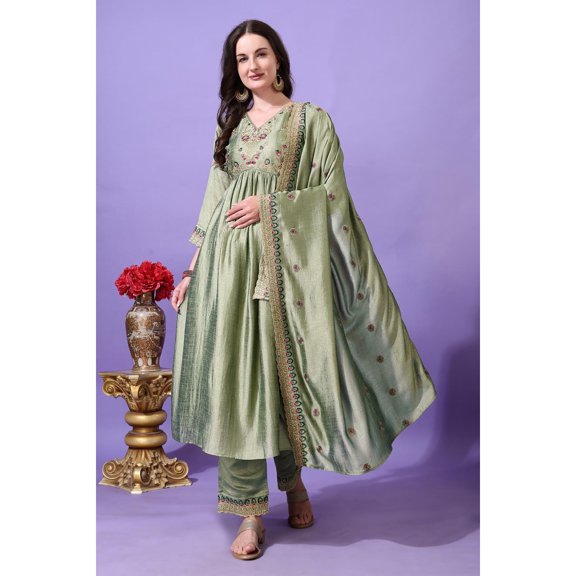 Pratham Blue Women's Silk Embroidered Anarkali Kurta Palazzos With Dupatta |Kurta Set For Women |Women Kurta |Women Embroidered Kurta Sets Kurtis (Bkp-1012-Xl_Green)