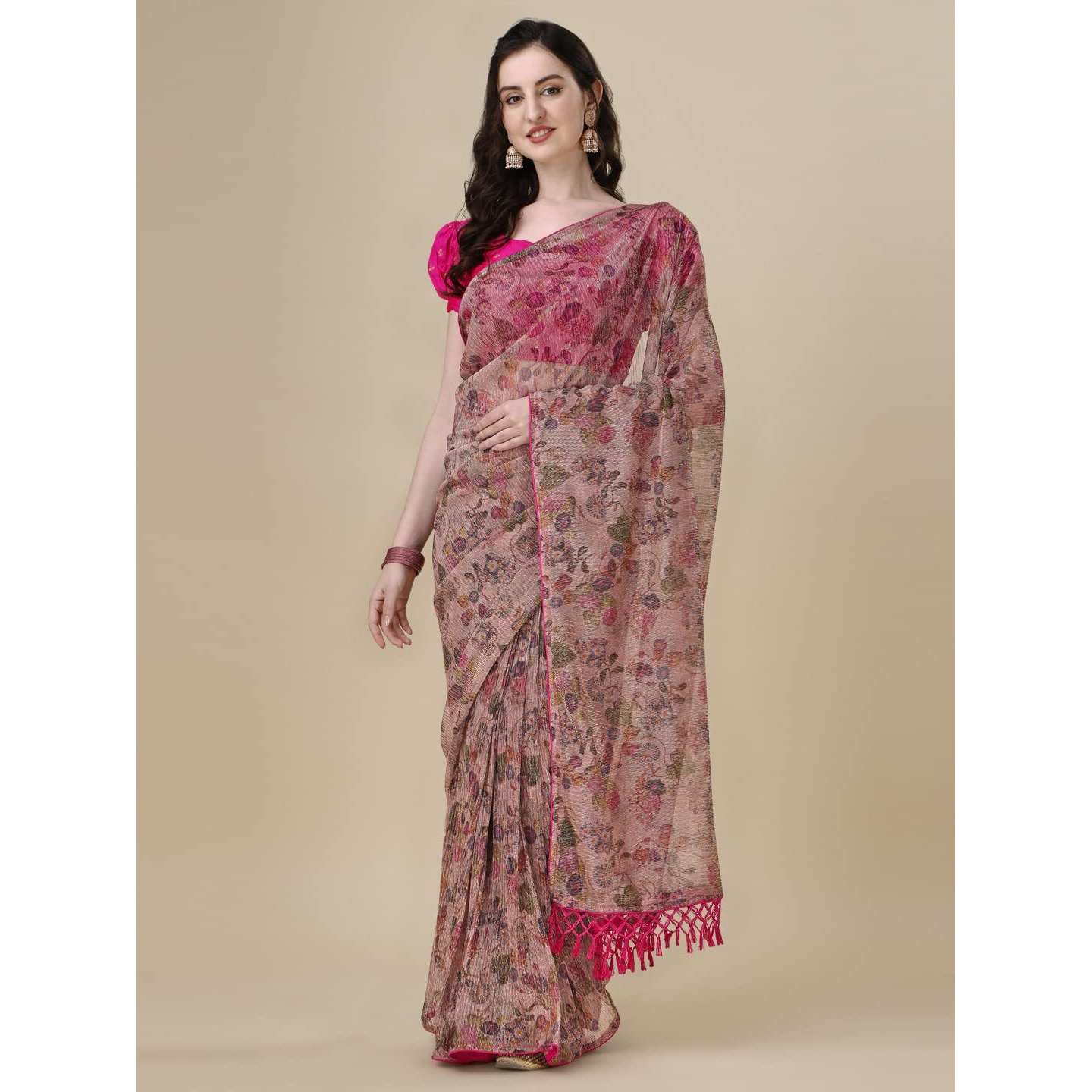 Pratham Blue Women's Sequins Silk Fancy Saree With Blouse Piece (Pb-340_Beige)