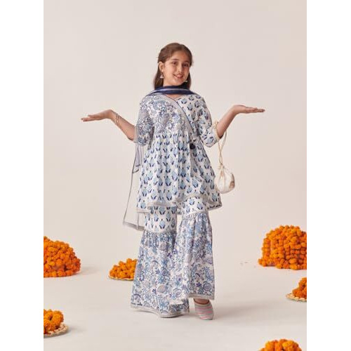 Pspeaches Girl's Cotton Sharara Set (Sha-Bluebootijaal-10-12Y_Blue