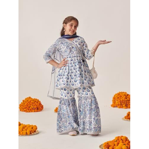 Pspeaches Girl's Cotton Sharara Set (Sha-Bluebootijaal-10-12Y_Blue