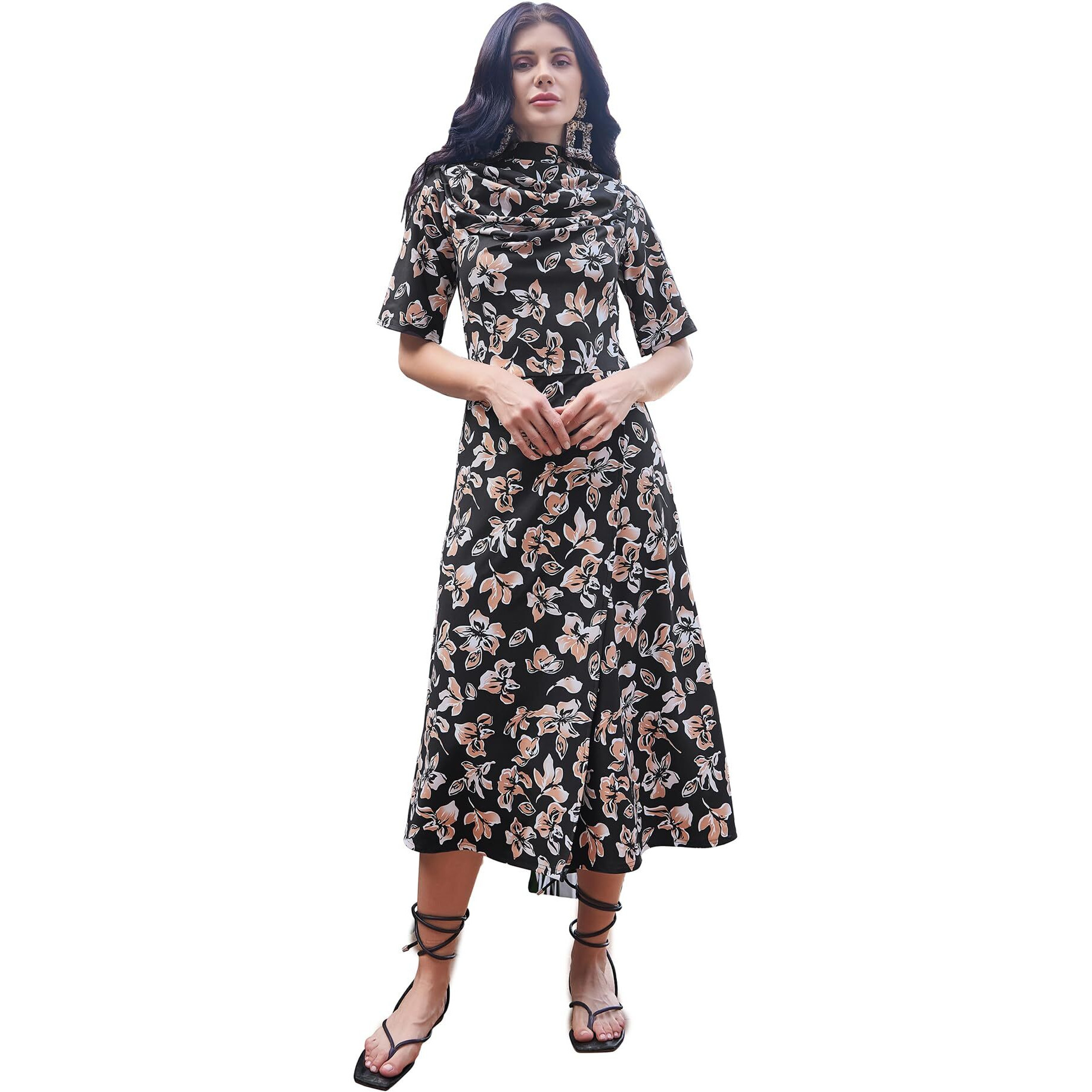 Purvaja Womens Front Silt Midi Length Dress (Wini-042-Browny_Black_X-Large)