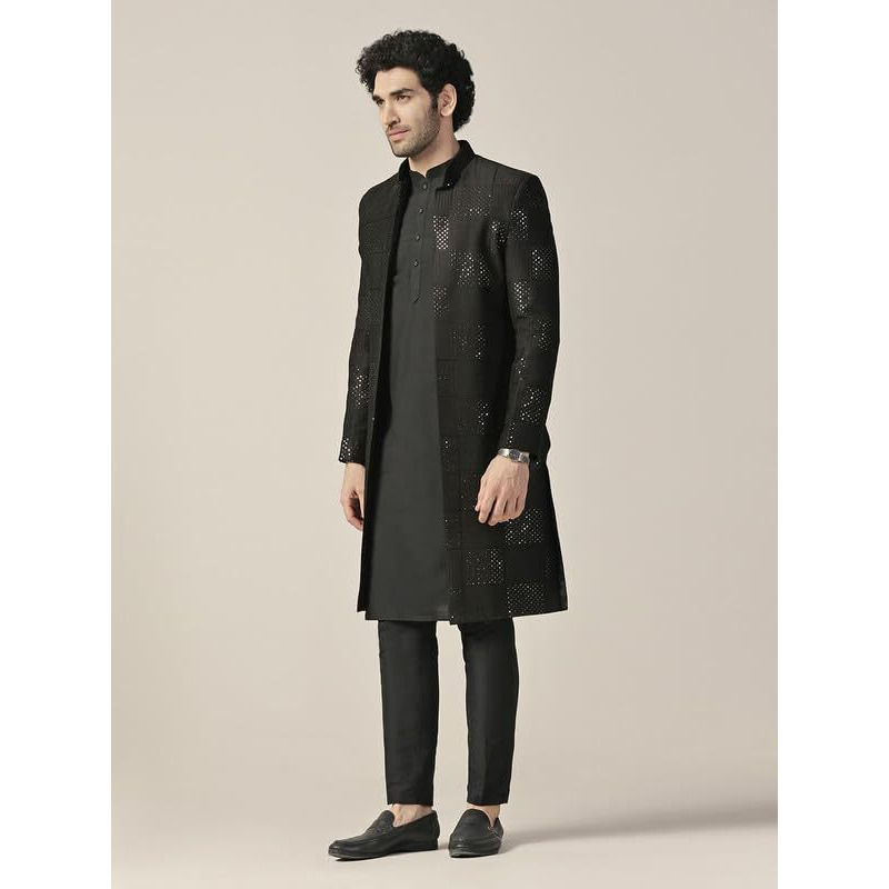 Kisah Sherwani Set For Men  Silk Blend Textured Indo Western Sherwani With Kurta And Trouser | Designer Ethnic Outfit For Weddings & Festivals, Black, 40